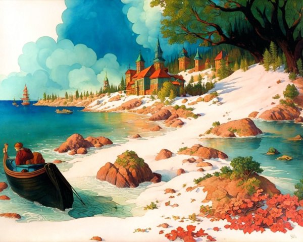 Serene Coastal Landscape with Charming Village and Boat