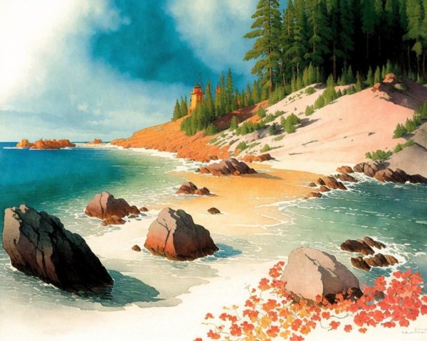 Serene Coastal Scene with Beach, Rocks, and Lighthouse
