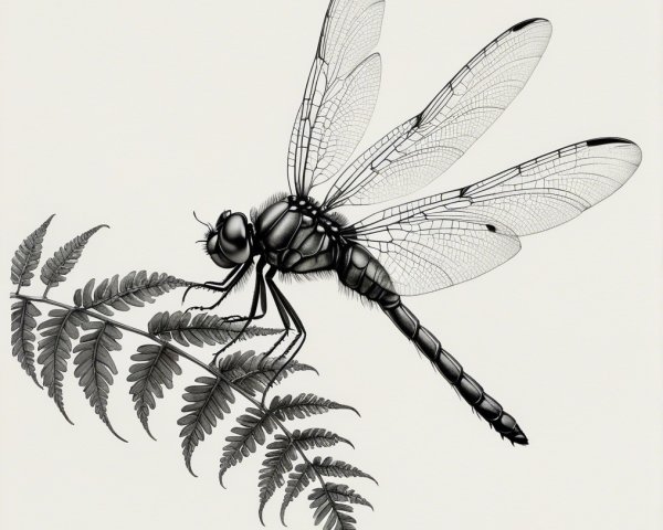 Monochromatic Illustration of a Dragonfly on a Fern
