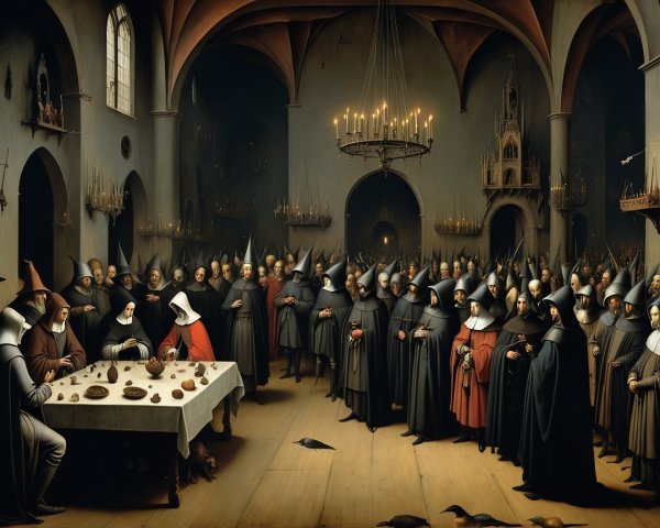 Hooded Figures Gather in Gothic Hall with Candlelight