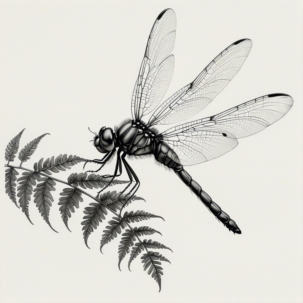 Monochromatic Illustration of a Dragonfly on a Fern