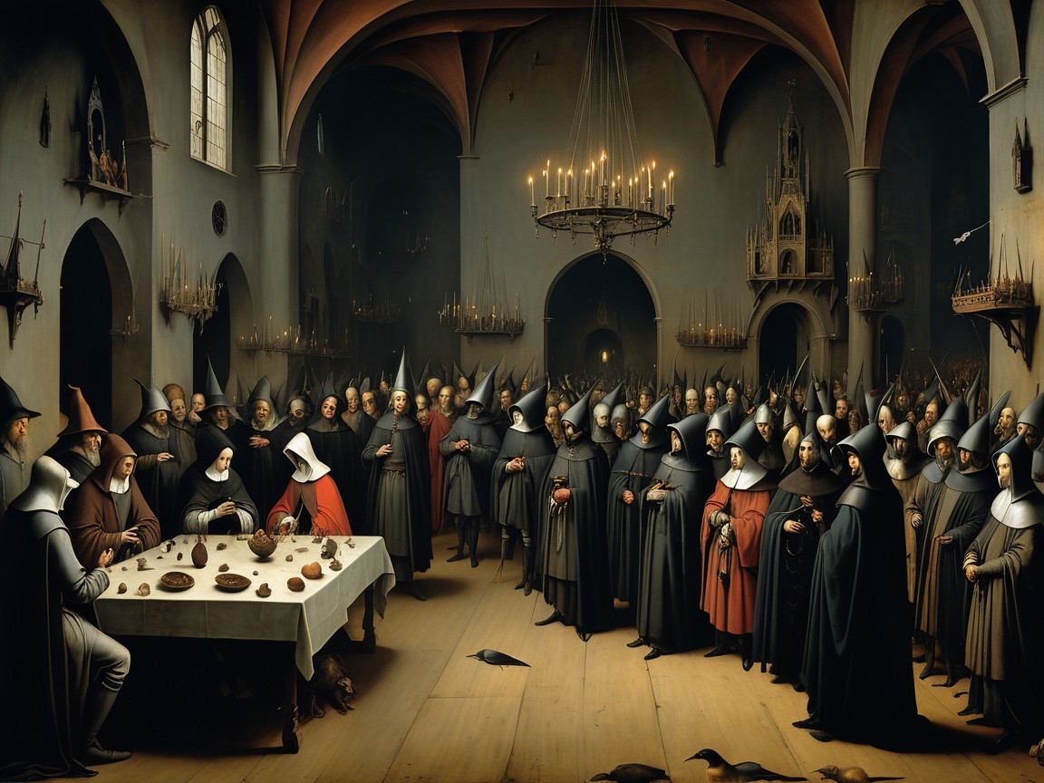 Hooded Figures Gather in Gothic Hall with Candlelight