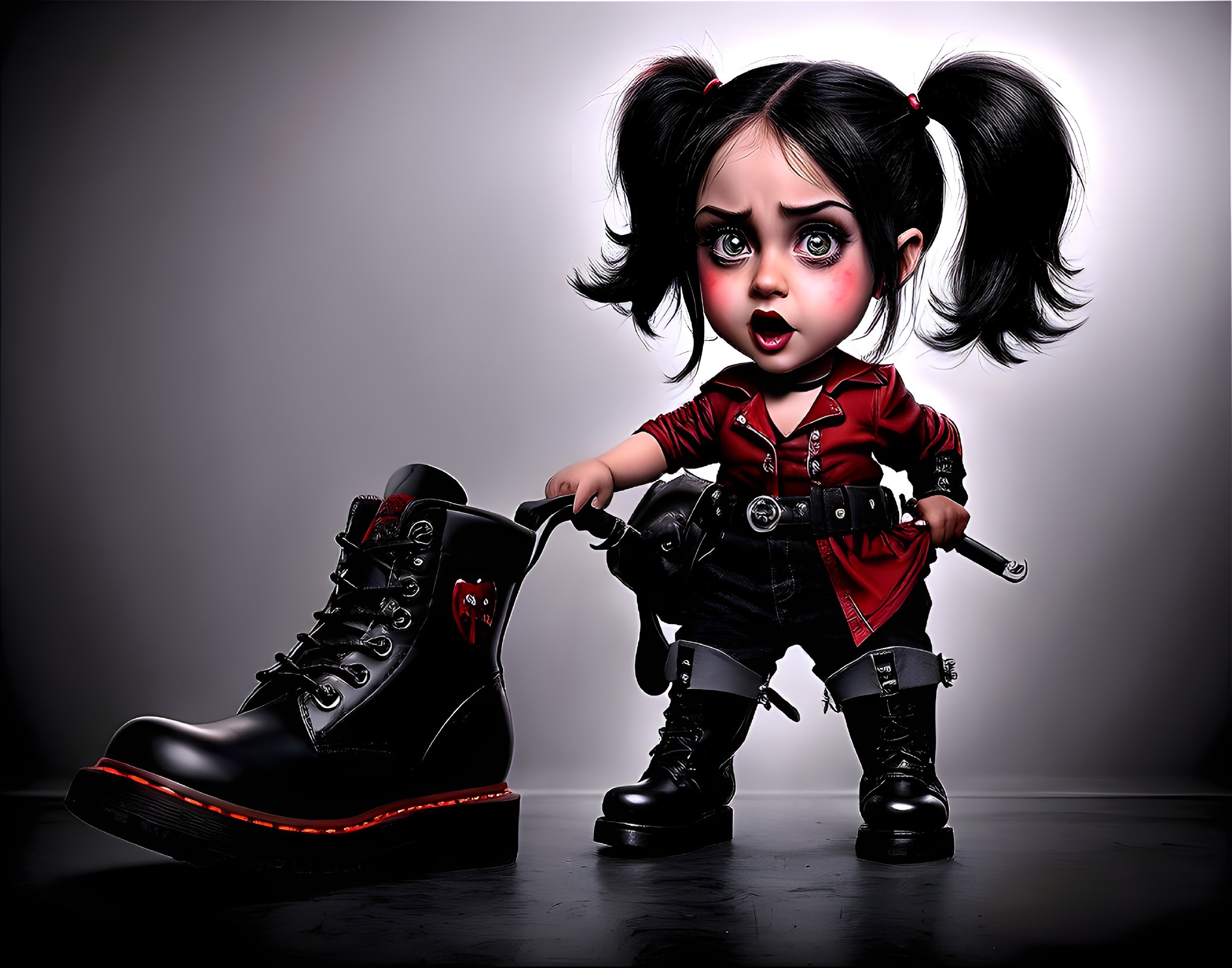 Gothic-style animated doll with expressive eyes in red and black outfit next to oversized boot