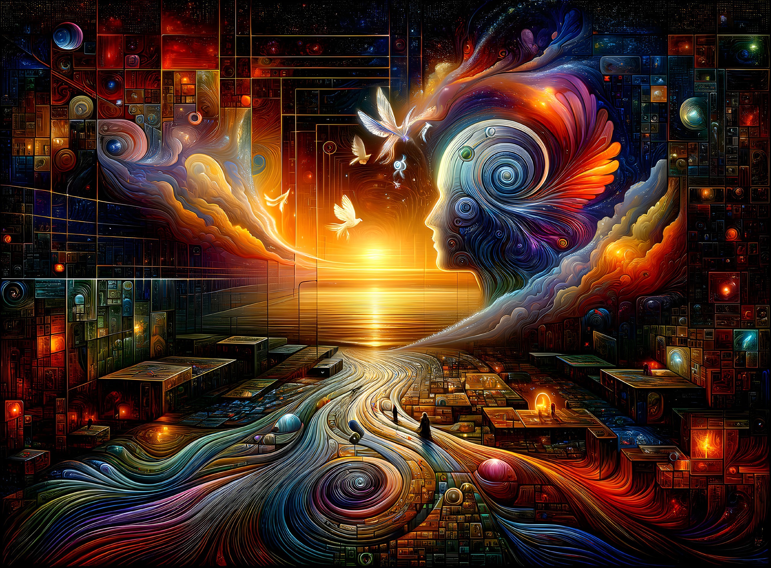 Surreal digital artwork: cosmic scene with swirling patterns and celestial creatures