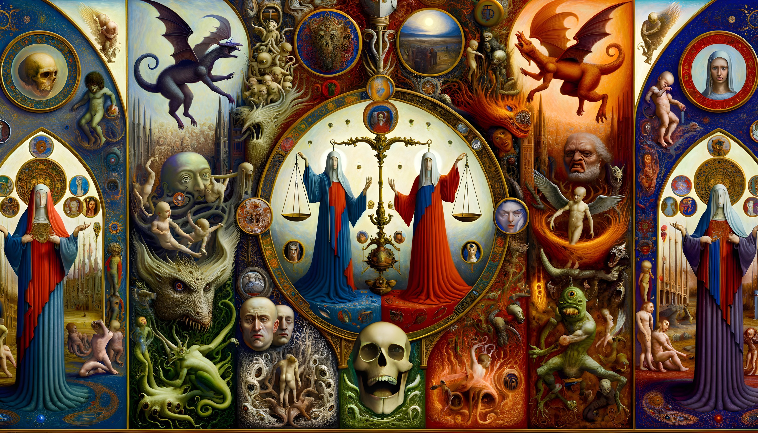 Fantastical surreal art with mythological, human, and celestial elements