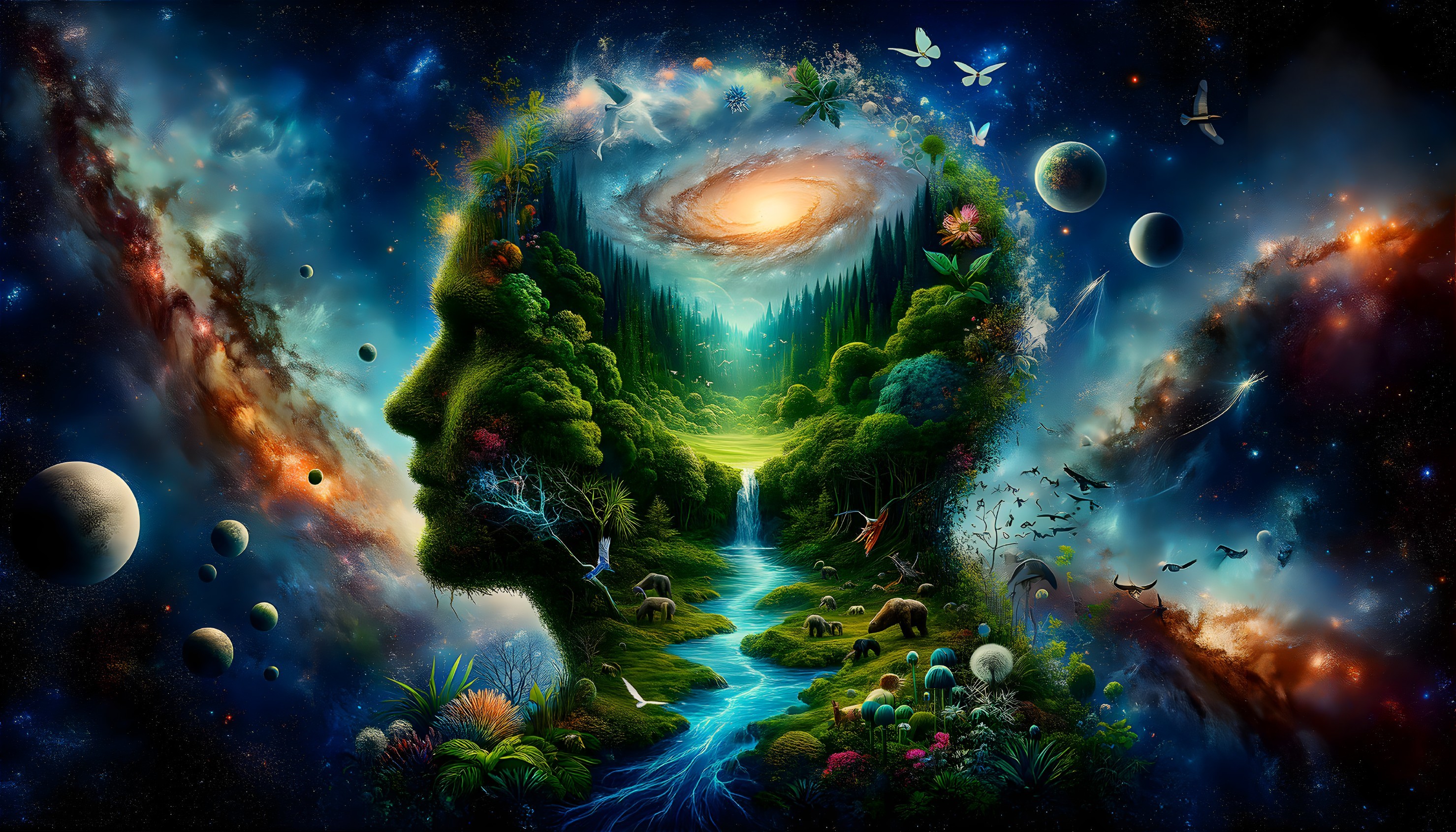 Vibrant Fantasy Landscape with Waterfalls and Wildlife