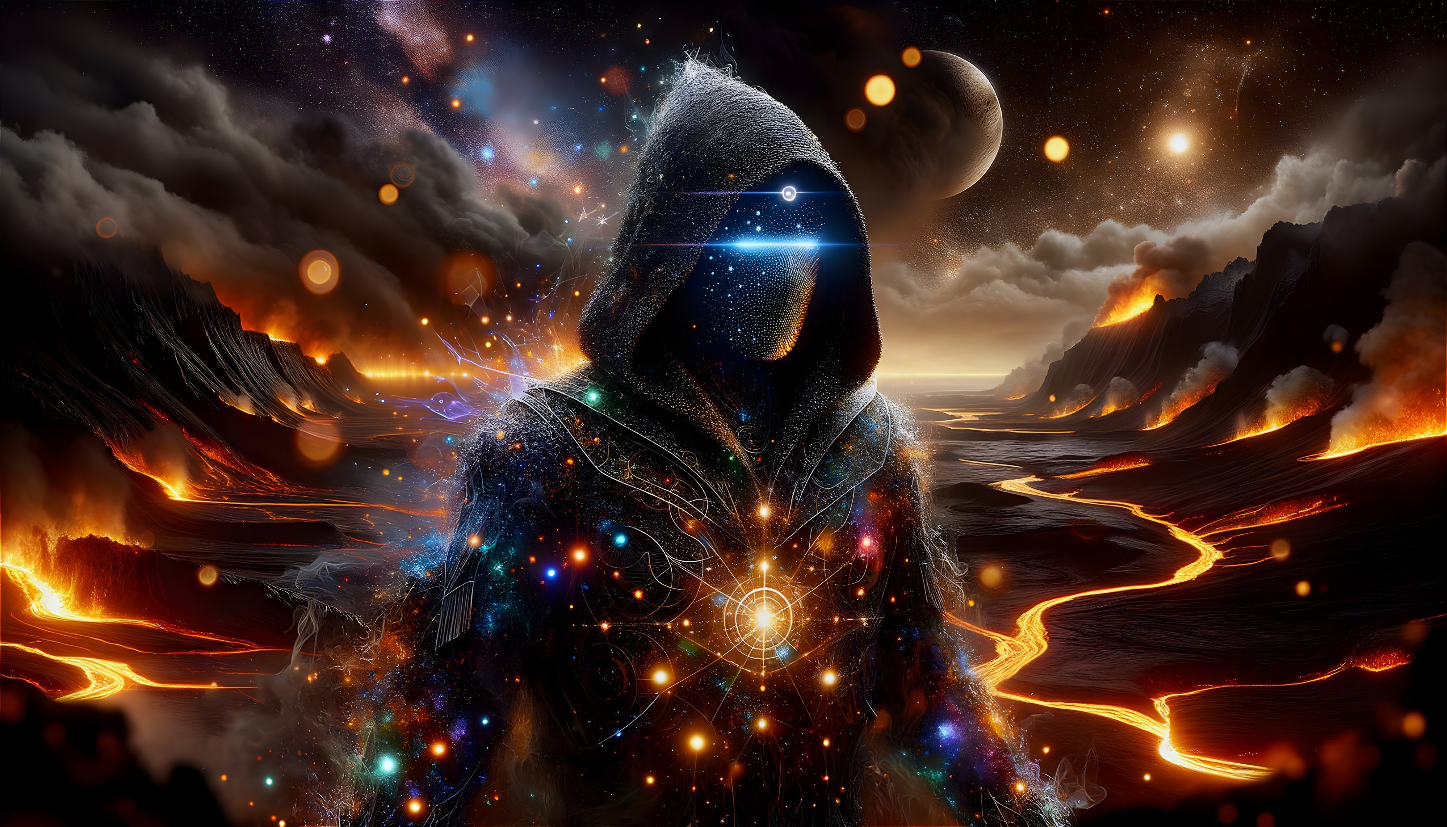 Mysterious Figure Against Cosmic Lava Landscape