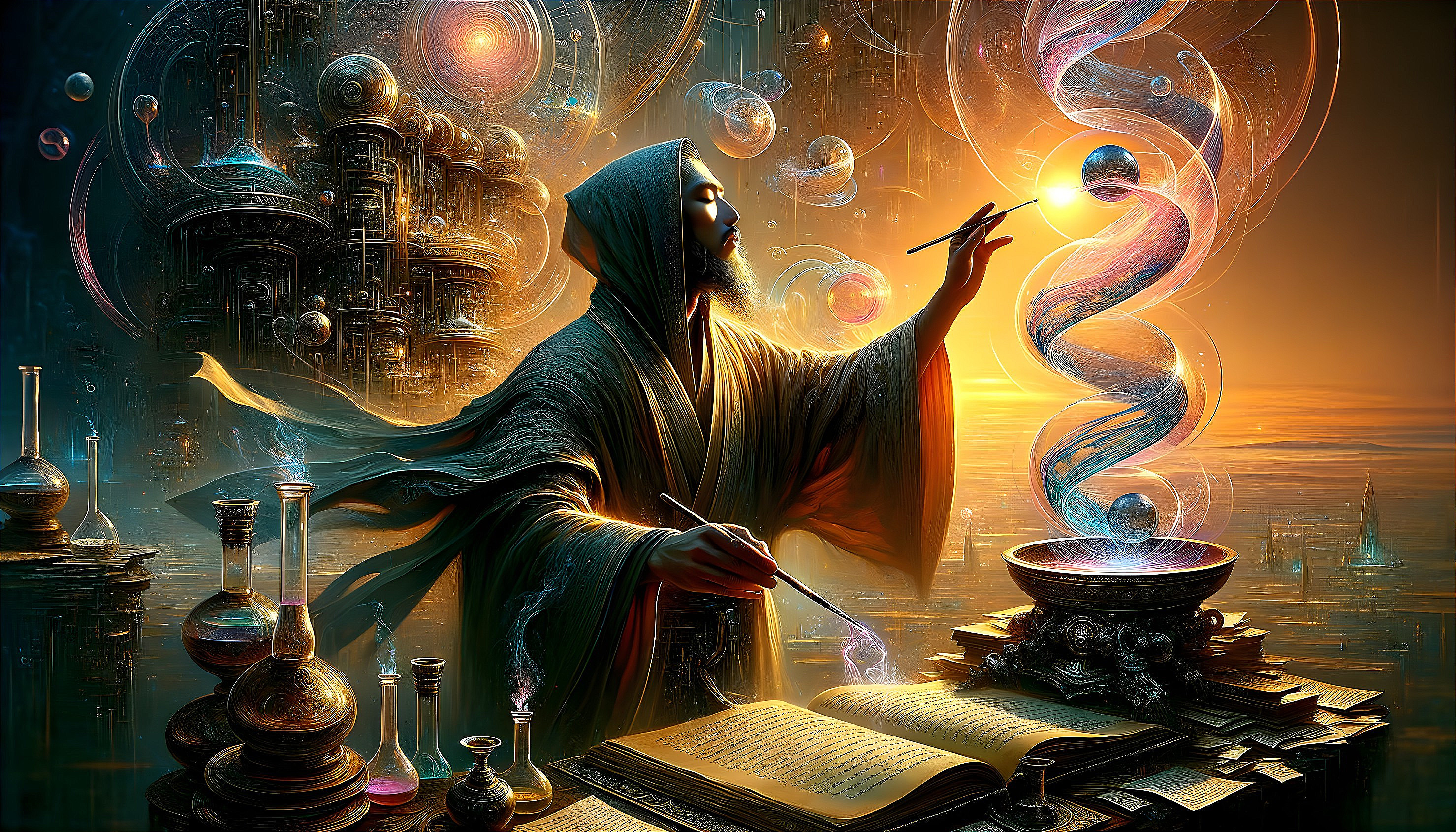 Mystical figure in cloak with glowing patterns and fantastical machinery.