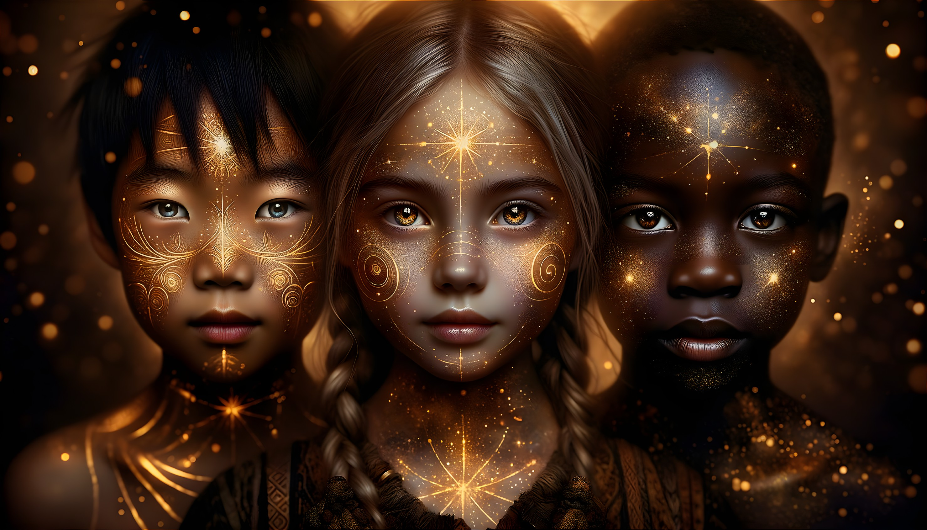 Children's Faces with Gold Patterns and Magical Orbs