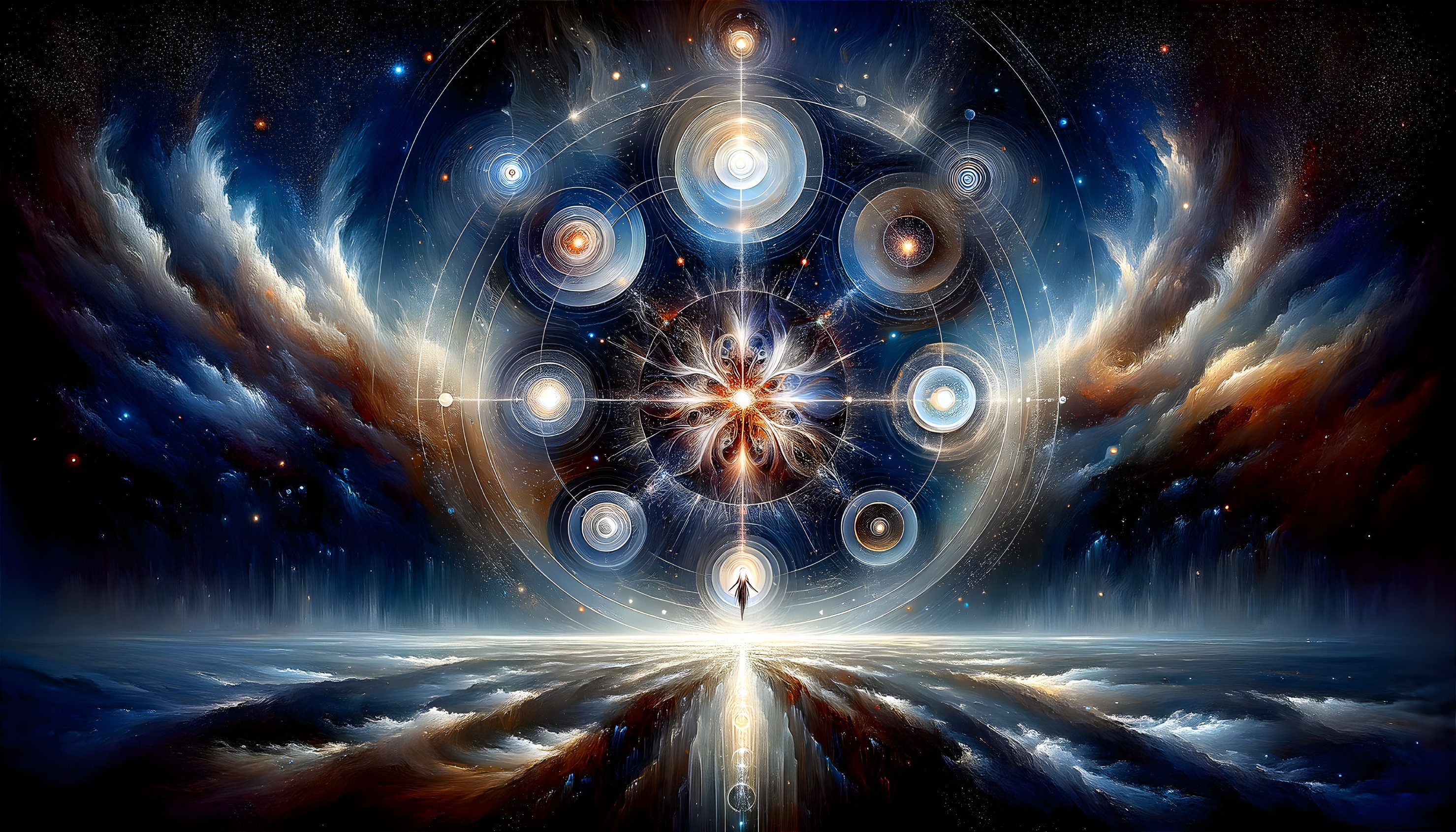 Symmetrical glowing orbs in cosmic digital artwork