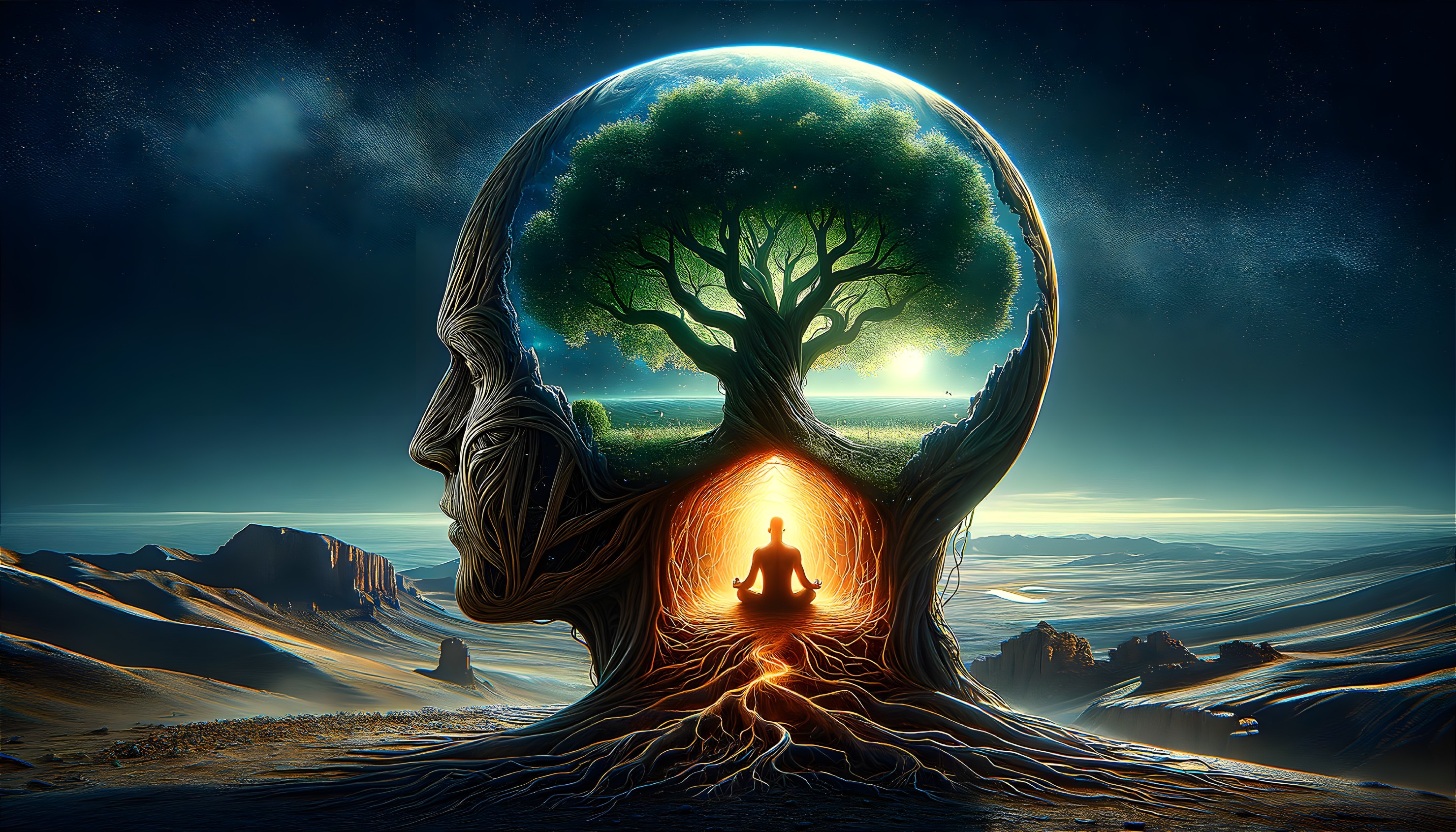 Surreal Landscape Inside a Human Head with Tree