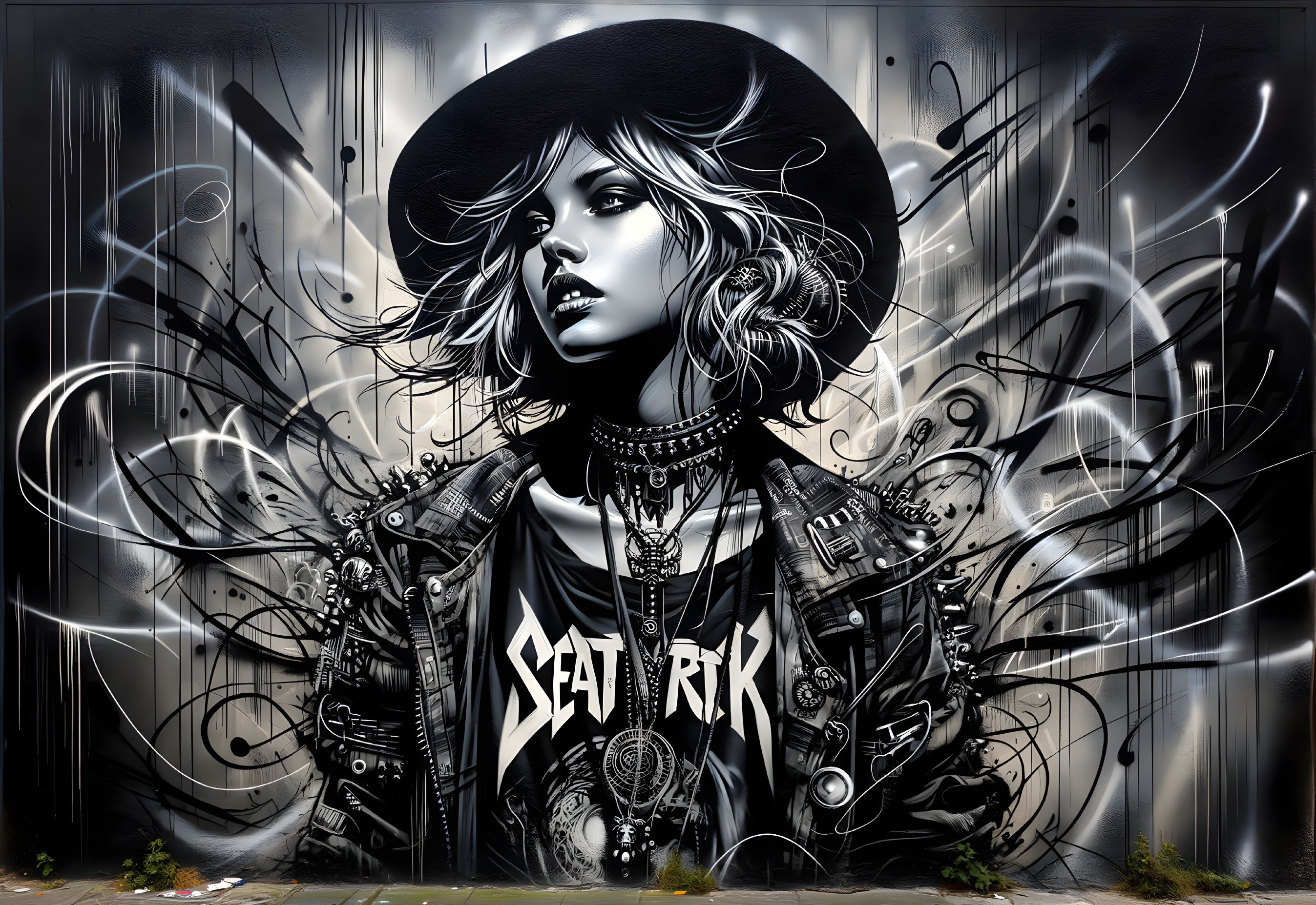 Stylish woman in hat and leather jacket in monochrome graffiti art
