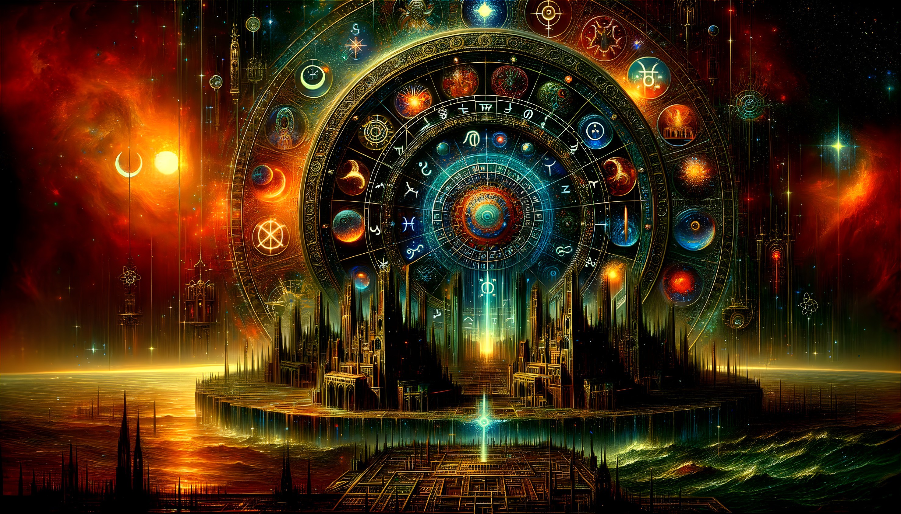 Vibrant digital artwork of mystical astronomical clock with cosmic symbols and glowing orbs against starry backdrop.