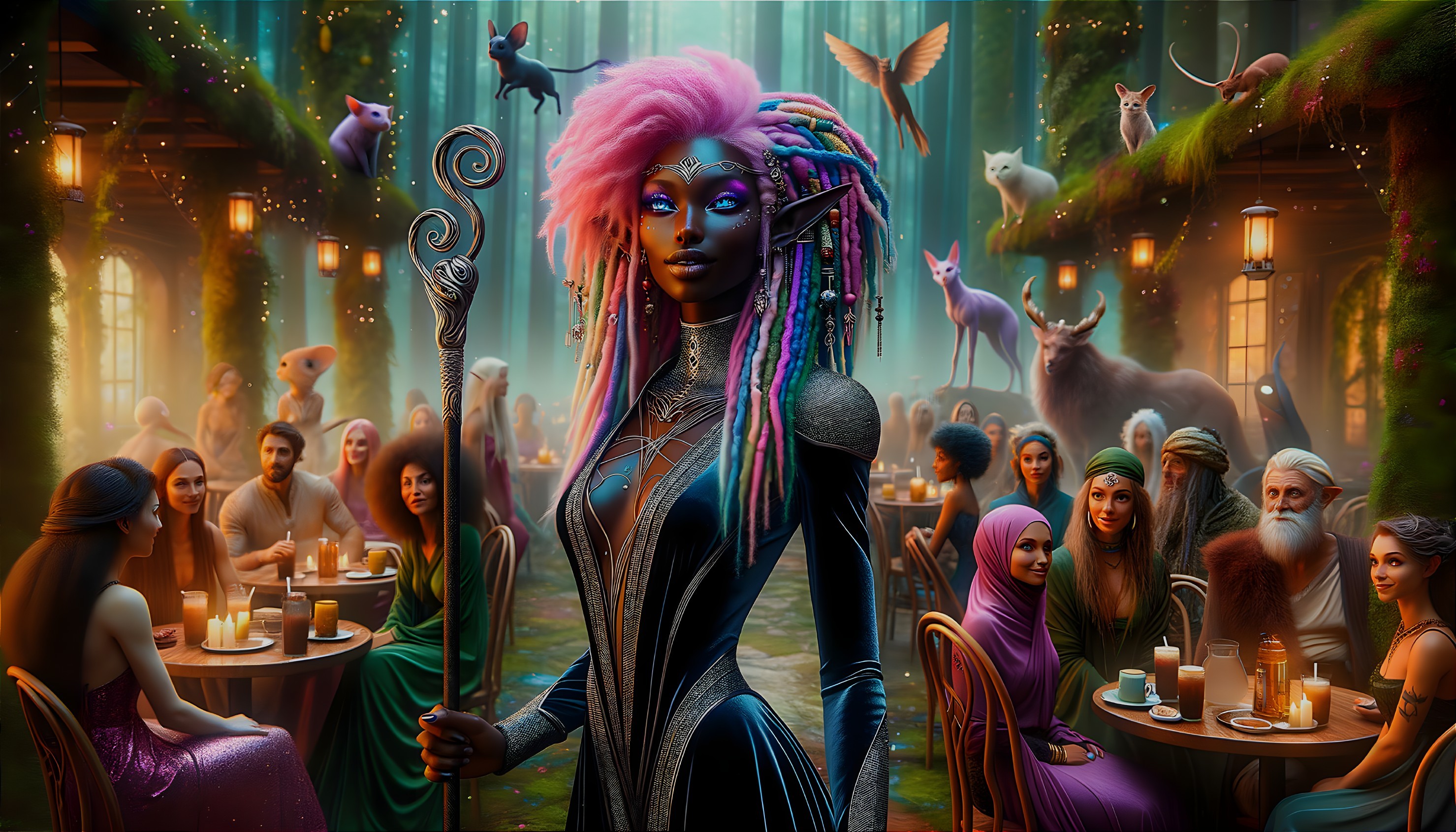 Mystical Forest Gathering with Diverse Characters and Animals