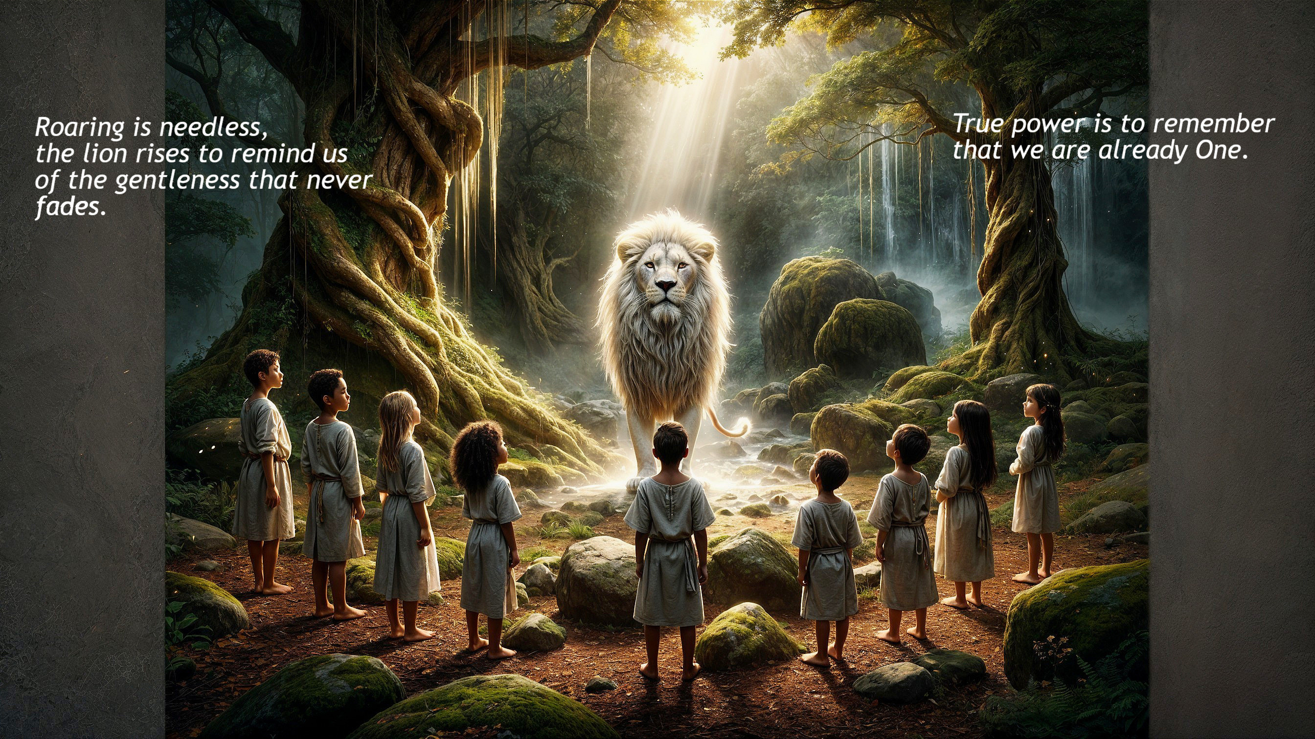 Lion Surrounded by Children in a Serene Forest Scene