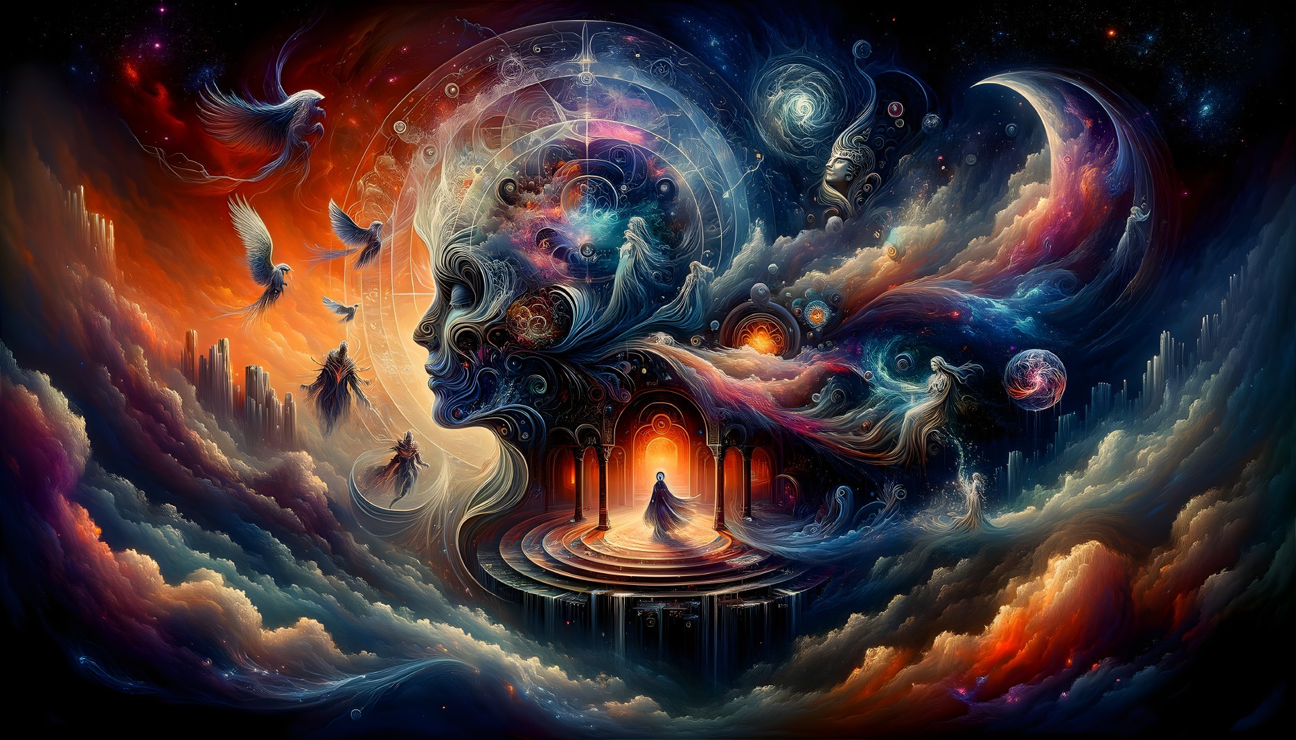 Colorful cosmic artwork with robed figure and celestial elements