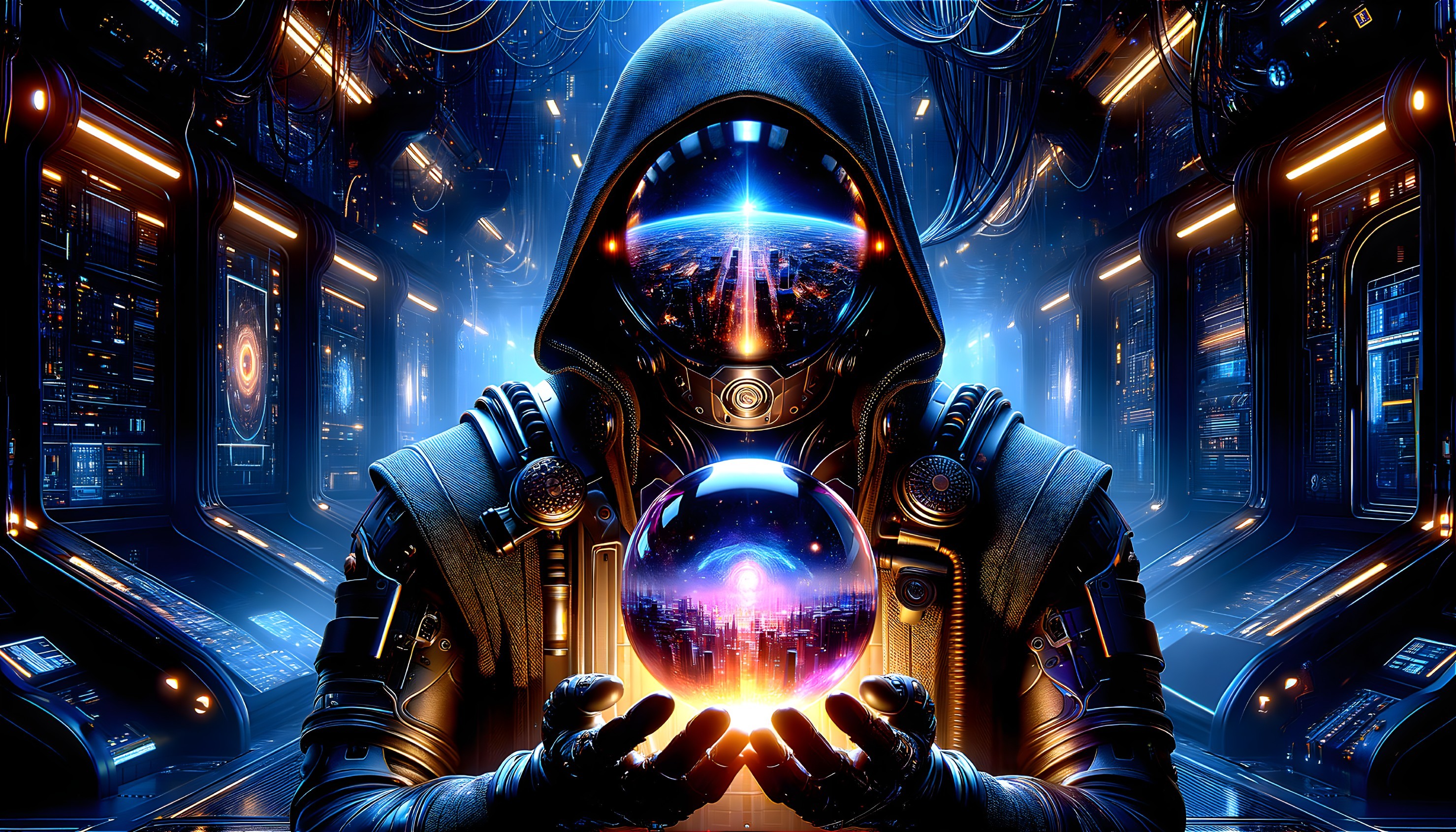 Futuristic astronaut with glowing orb in high-tech corridor
