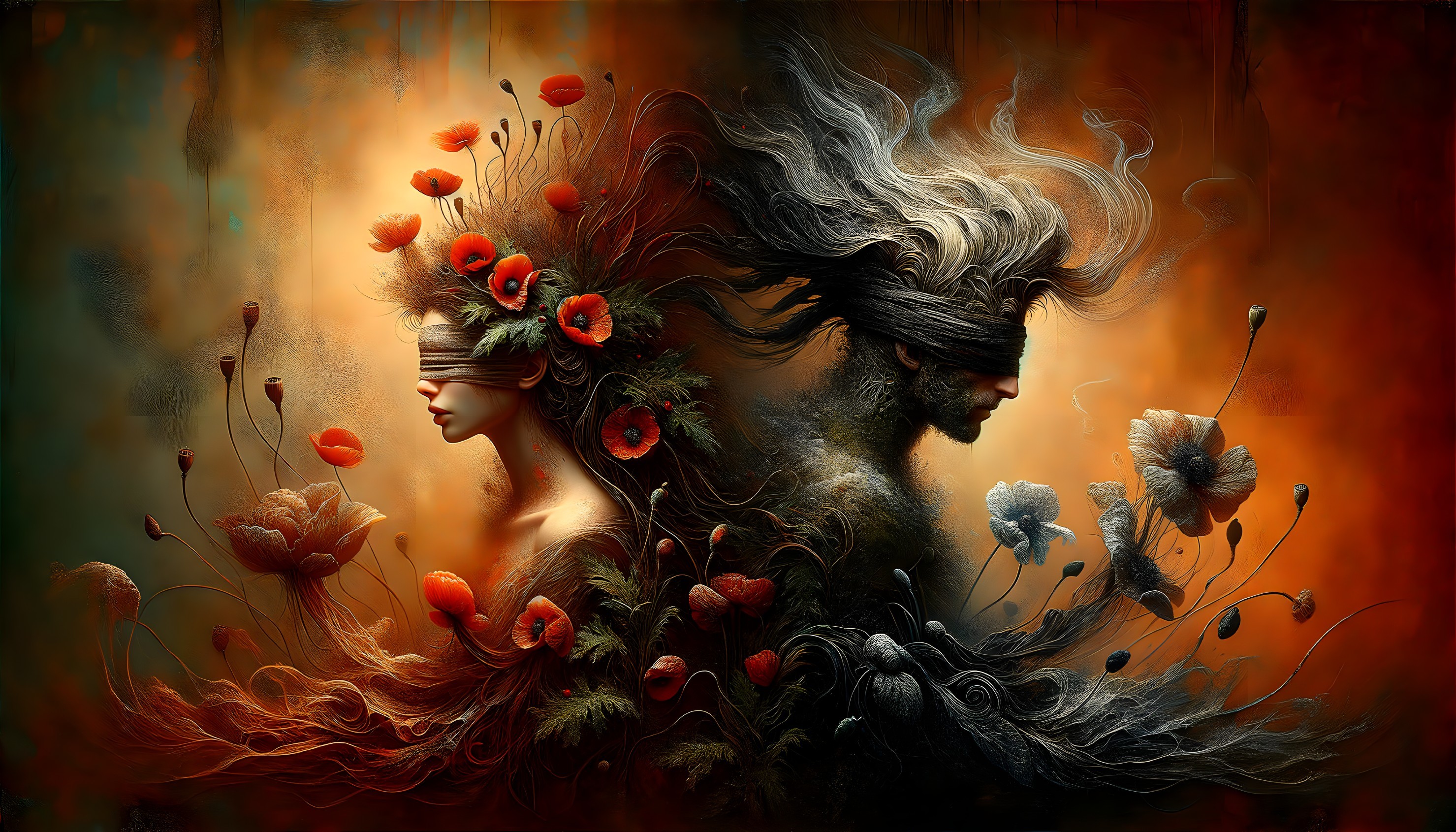 Surreal Embrace of Two Elegant Blindfolded Figures