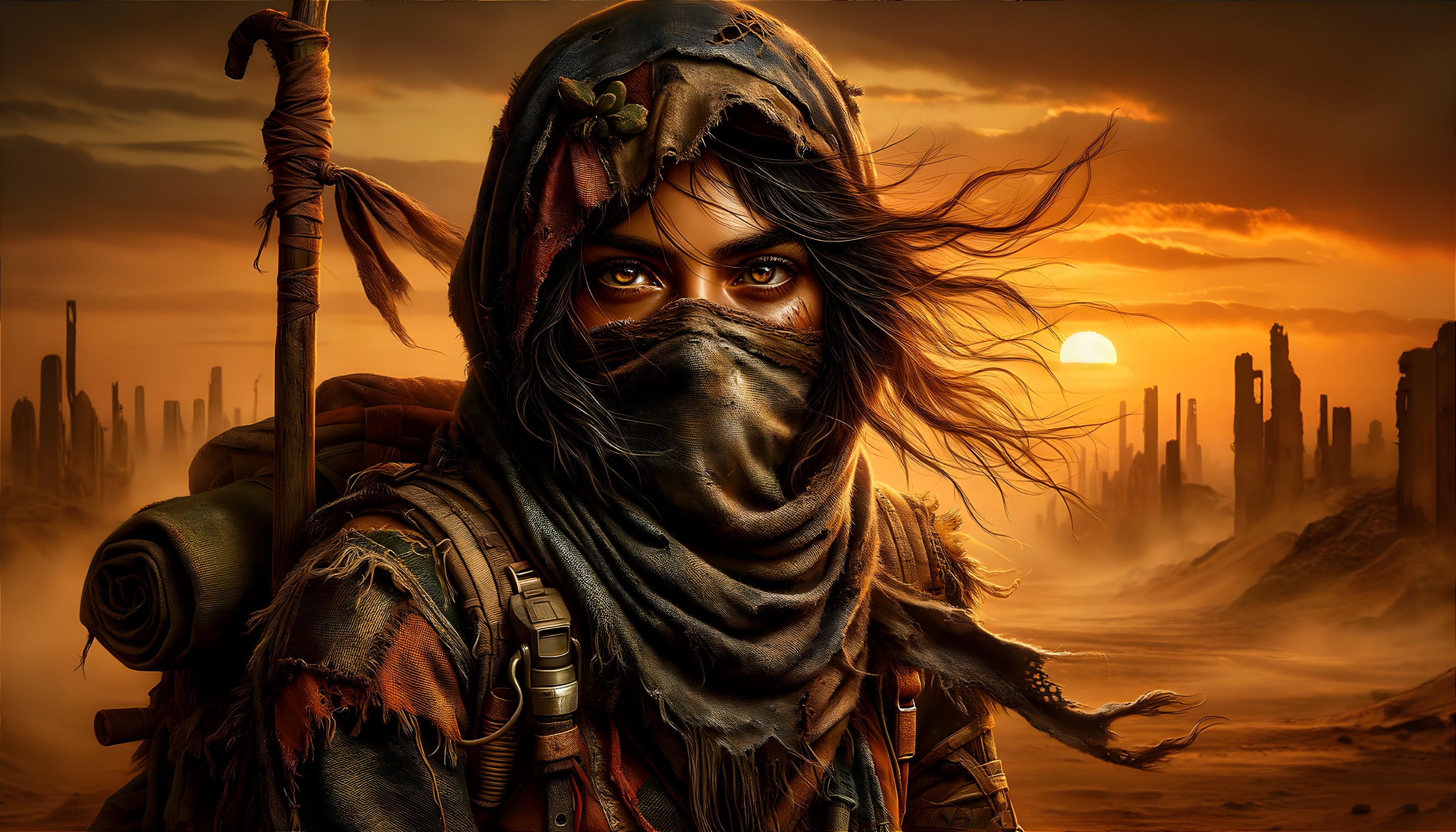 Solitary Figure in Tattered Clothing at Desert Sunset