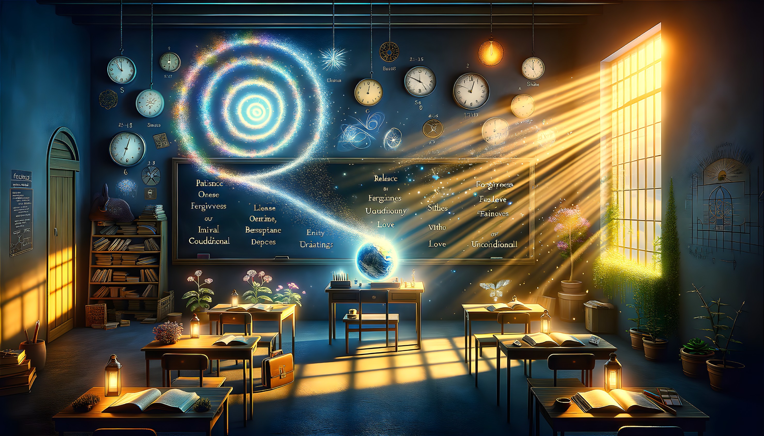 Whimsical Classroom with Cosmic Blackboard and Sunlight
