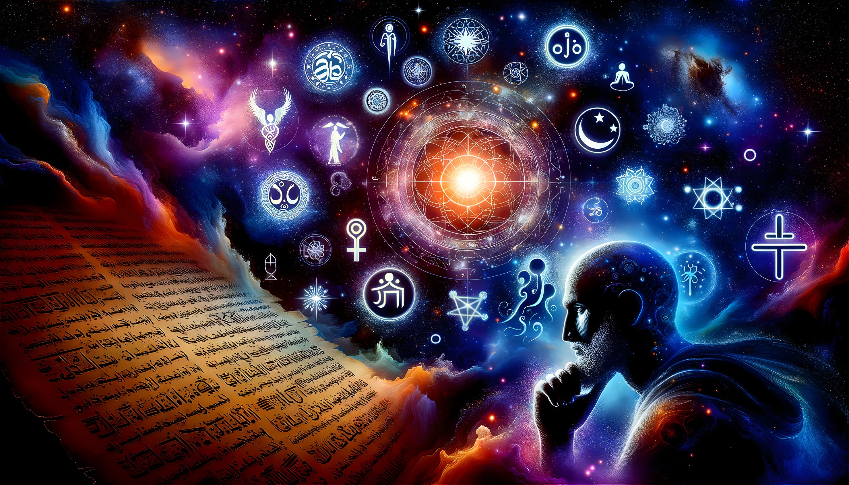 Celestial Zodiac Symbols Over Silhouette Contemplating Universe