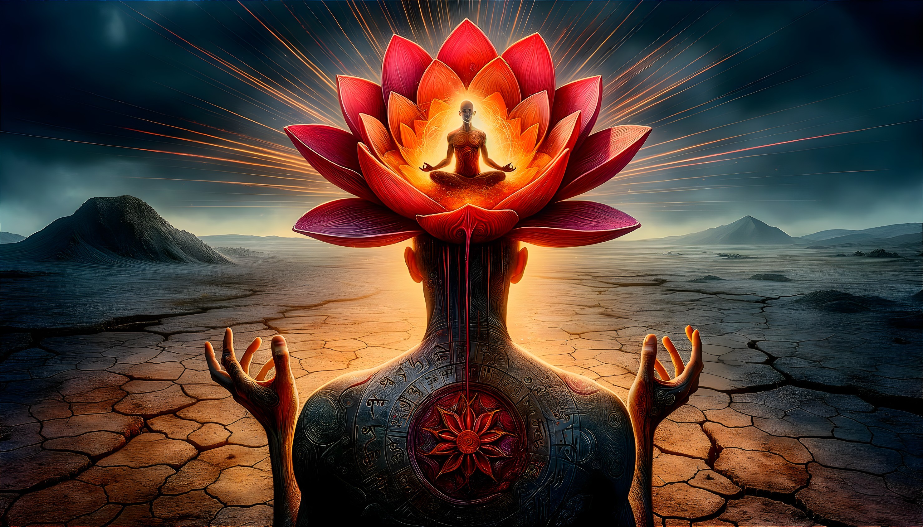Meditative Figure Surrounded by Glowing Lotus Blossom