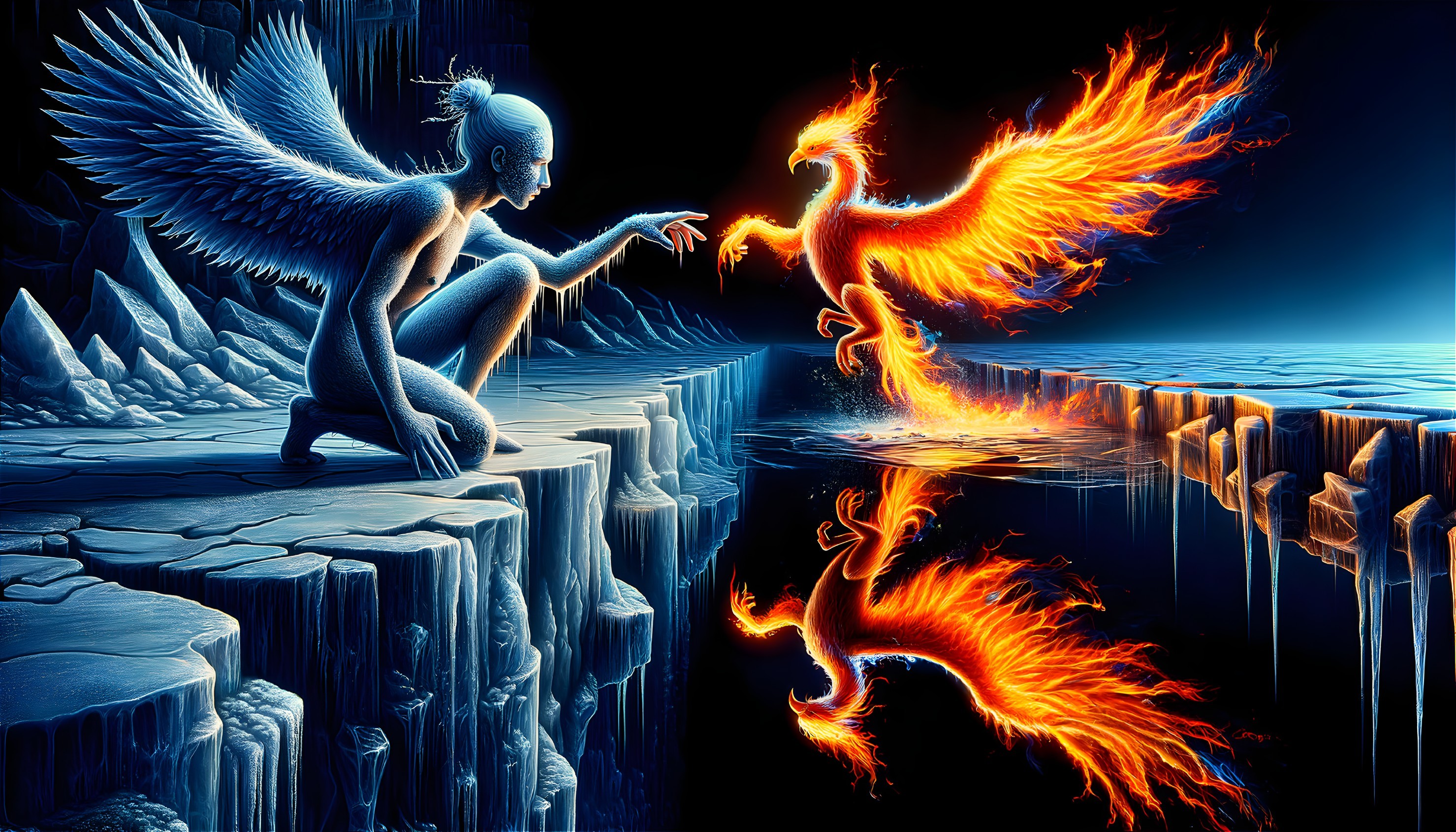 Angelic Figure on Cliff Reaching for Phoenix in Ice