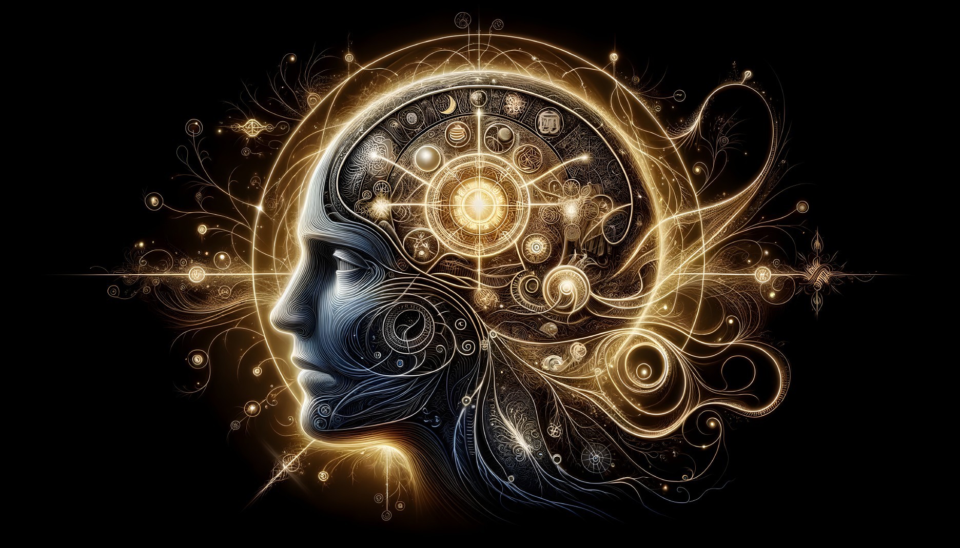 Profile view digital artwork: woman's face with golden mechanical and abstract designs on black background