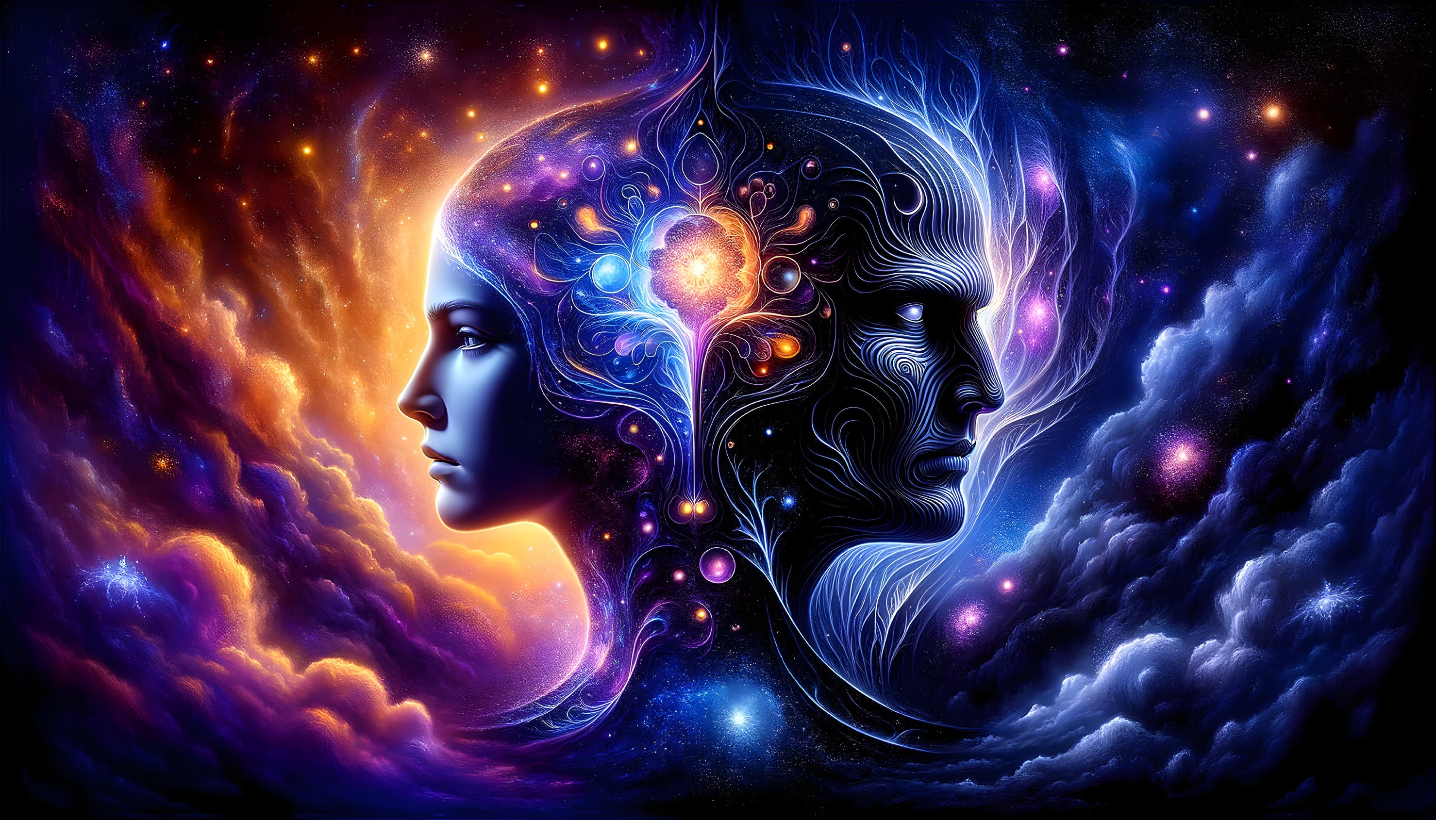 Dual Portrait of Woman and Man in Cosmic Landscape