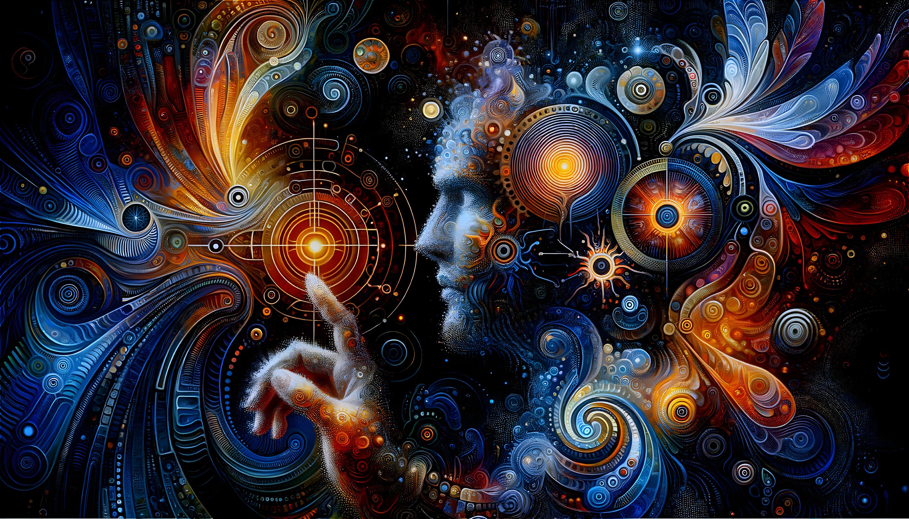 Colorful psychedelic human profile with cosmic patterns in vibrant swirl.