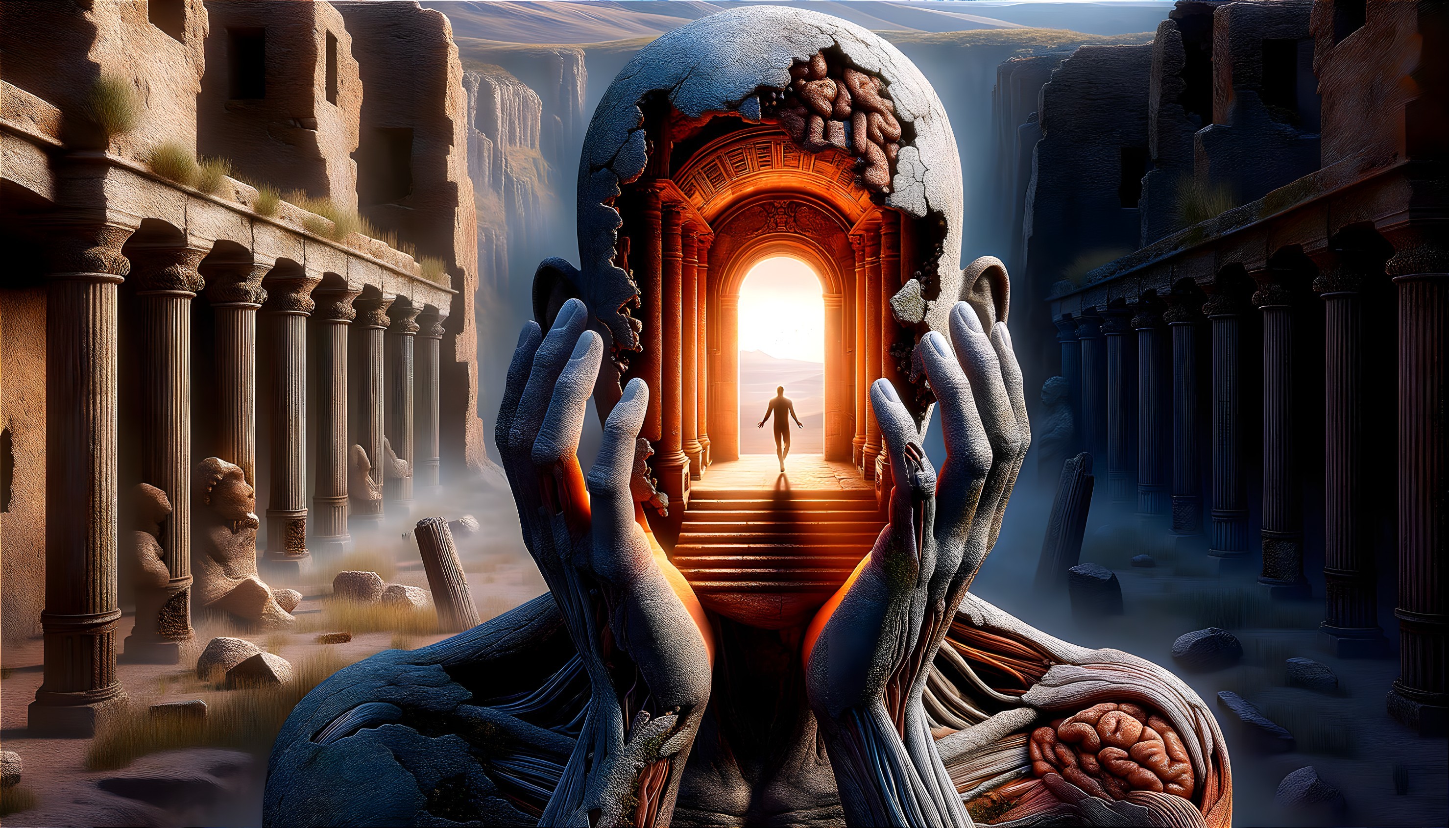 Giant Hands Holding Ornate Portal with Sunlit Archway