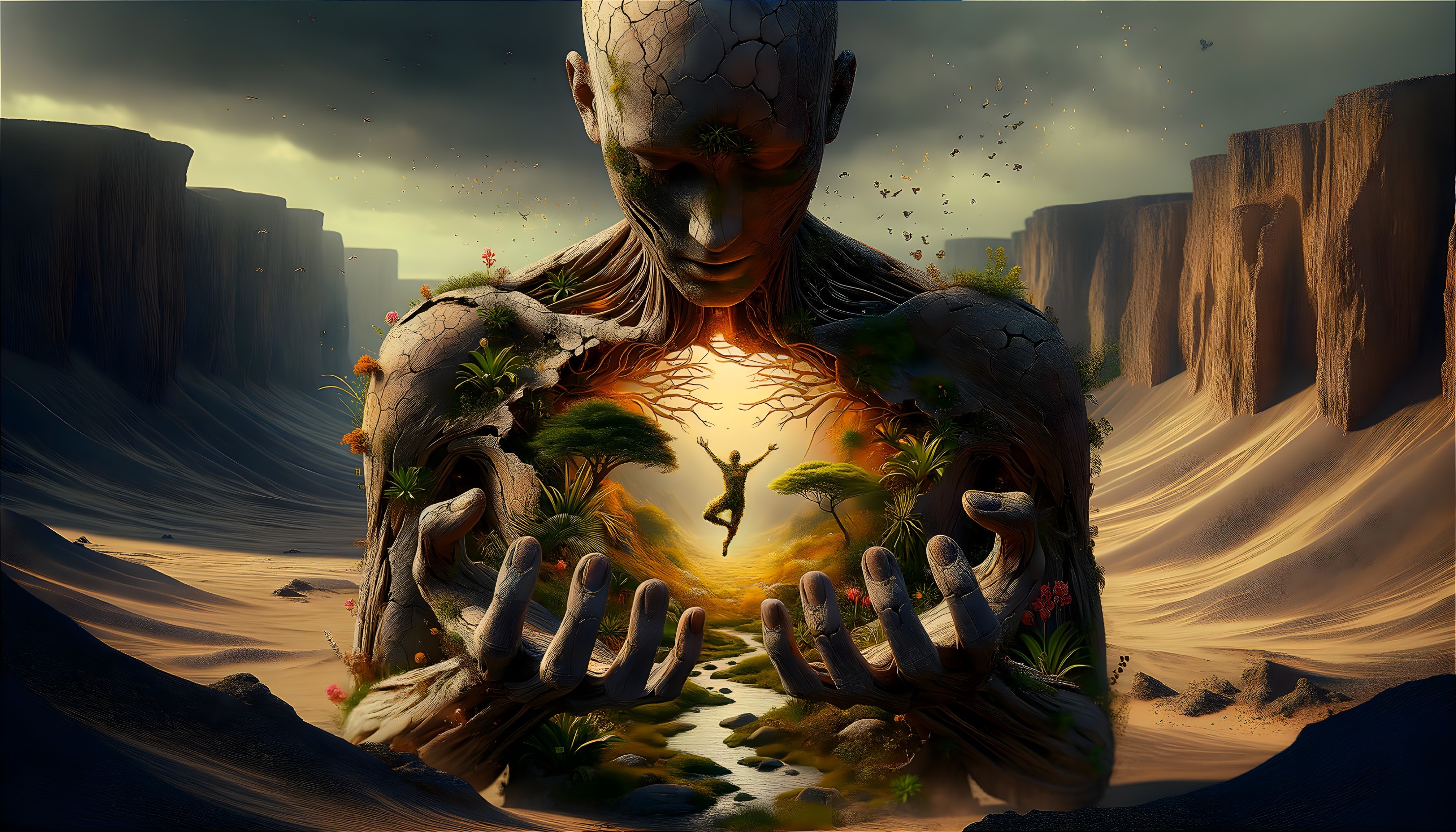 Colossal Figure with Oasis in Desert Landscape