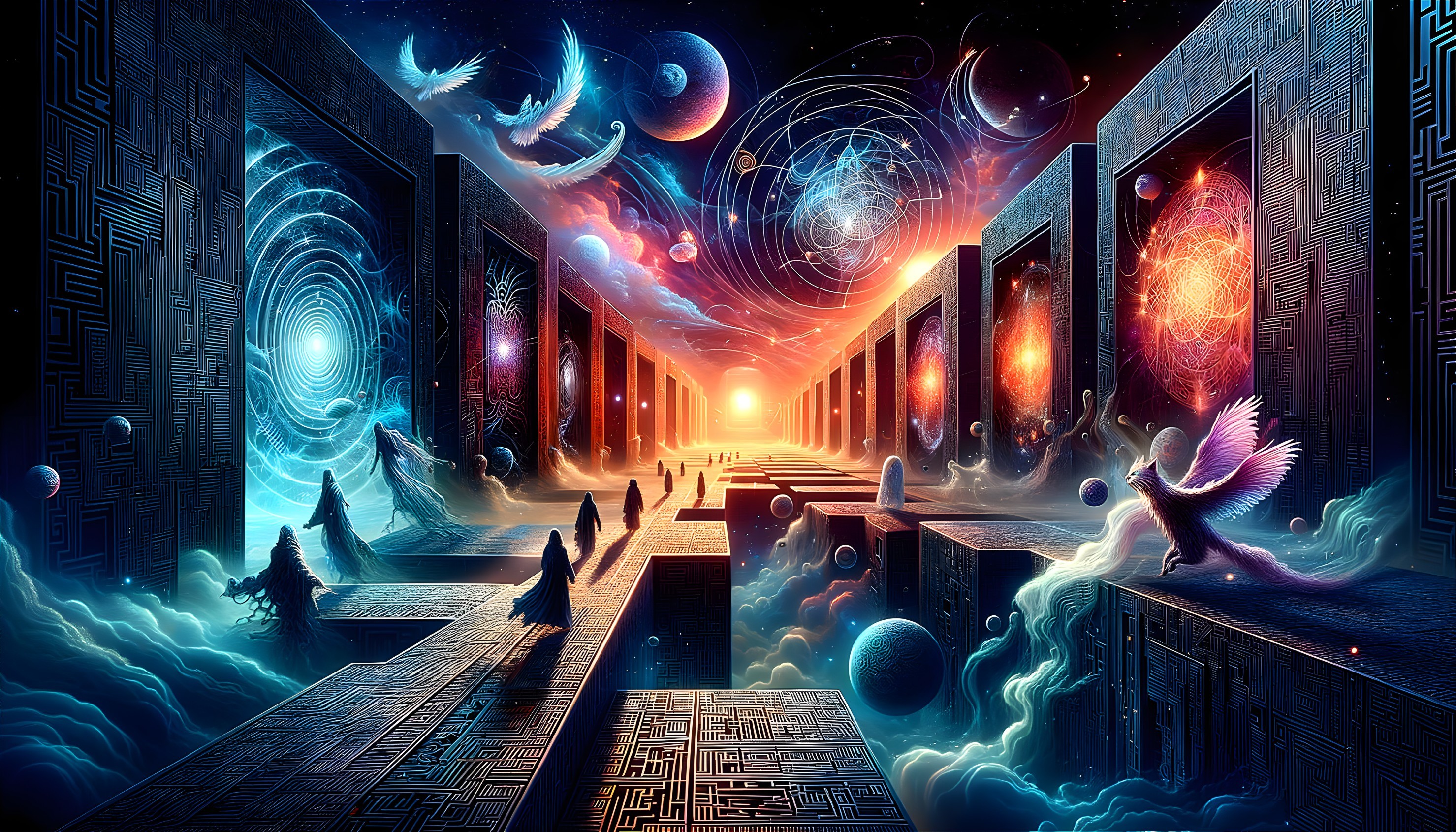 Cosmic Corridor with Celestial Bodies and Mystical Creatures