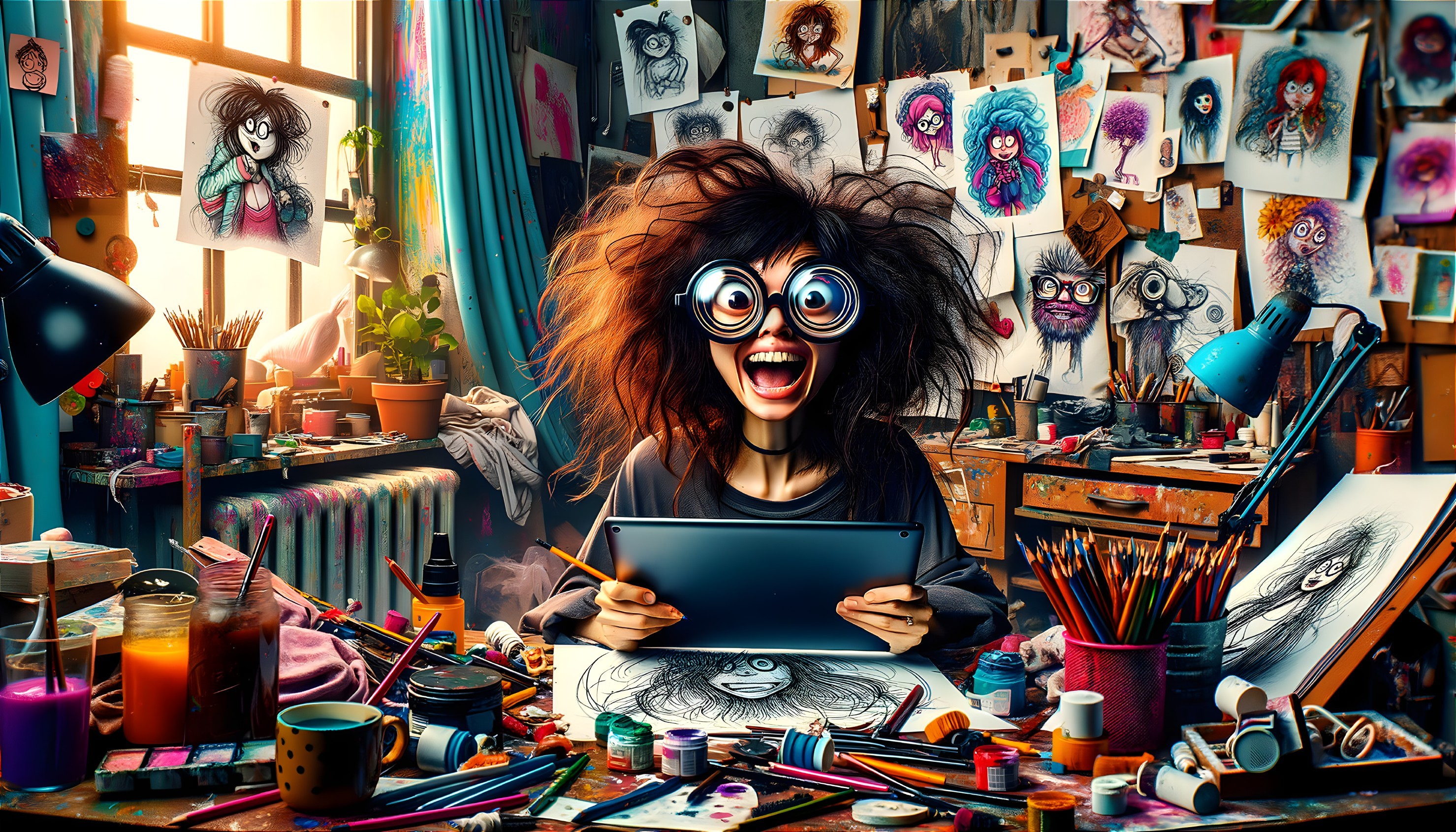 Wild-haired person in round glasses drawing in colorful, cluttered art studio