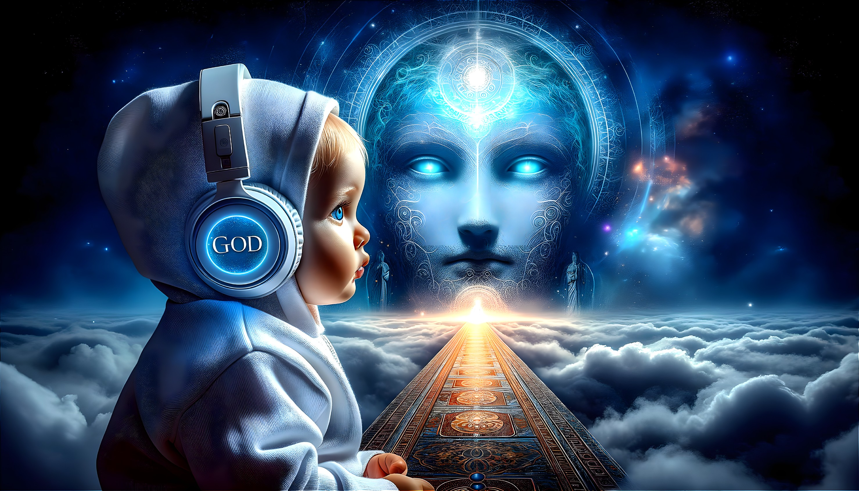 Child with Headphones Facing Giant Celestial Face