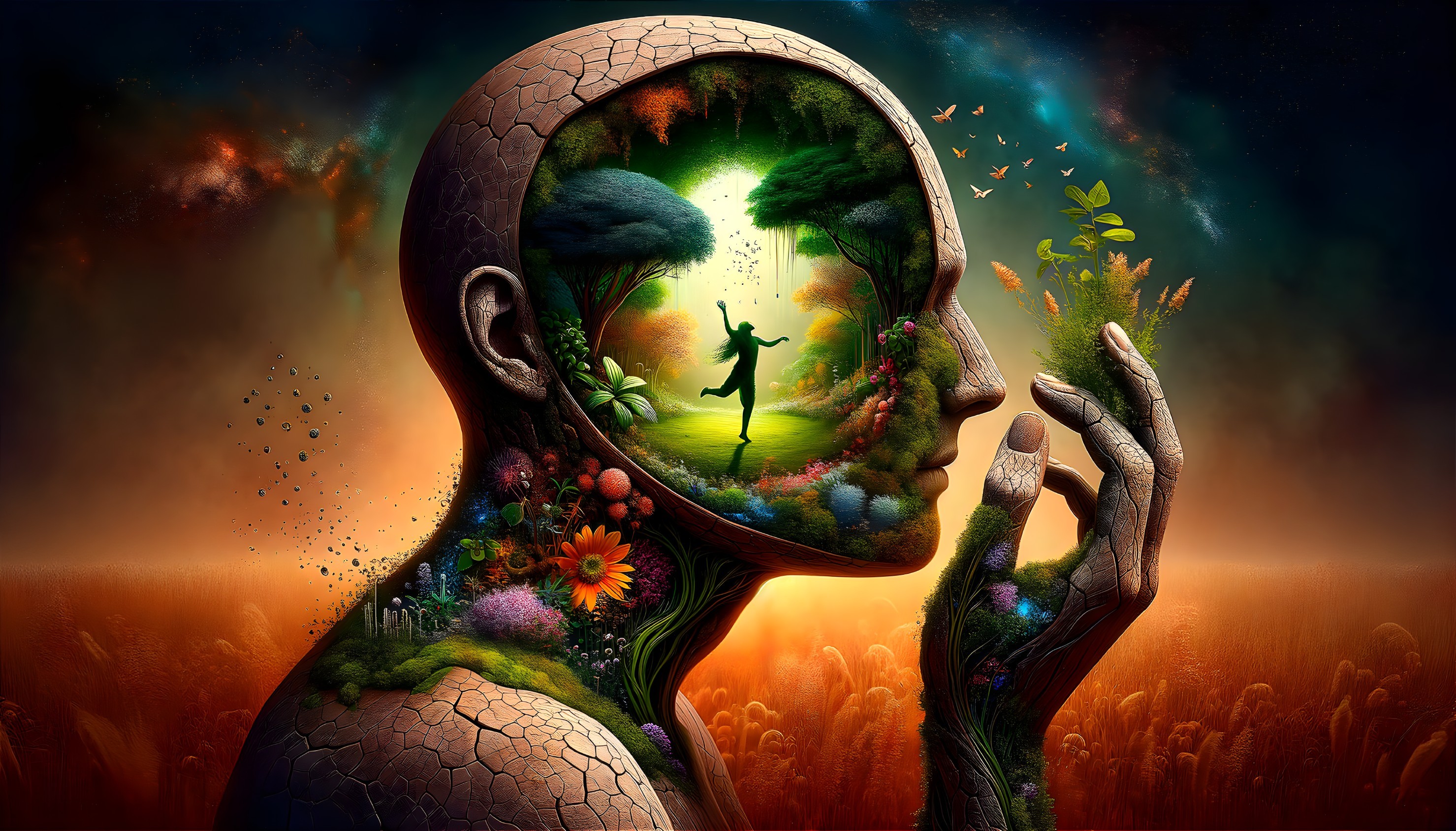 Surreal Artwork of a Figure with Nature-Filled Head