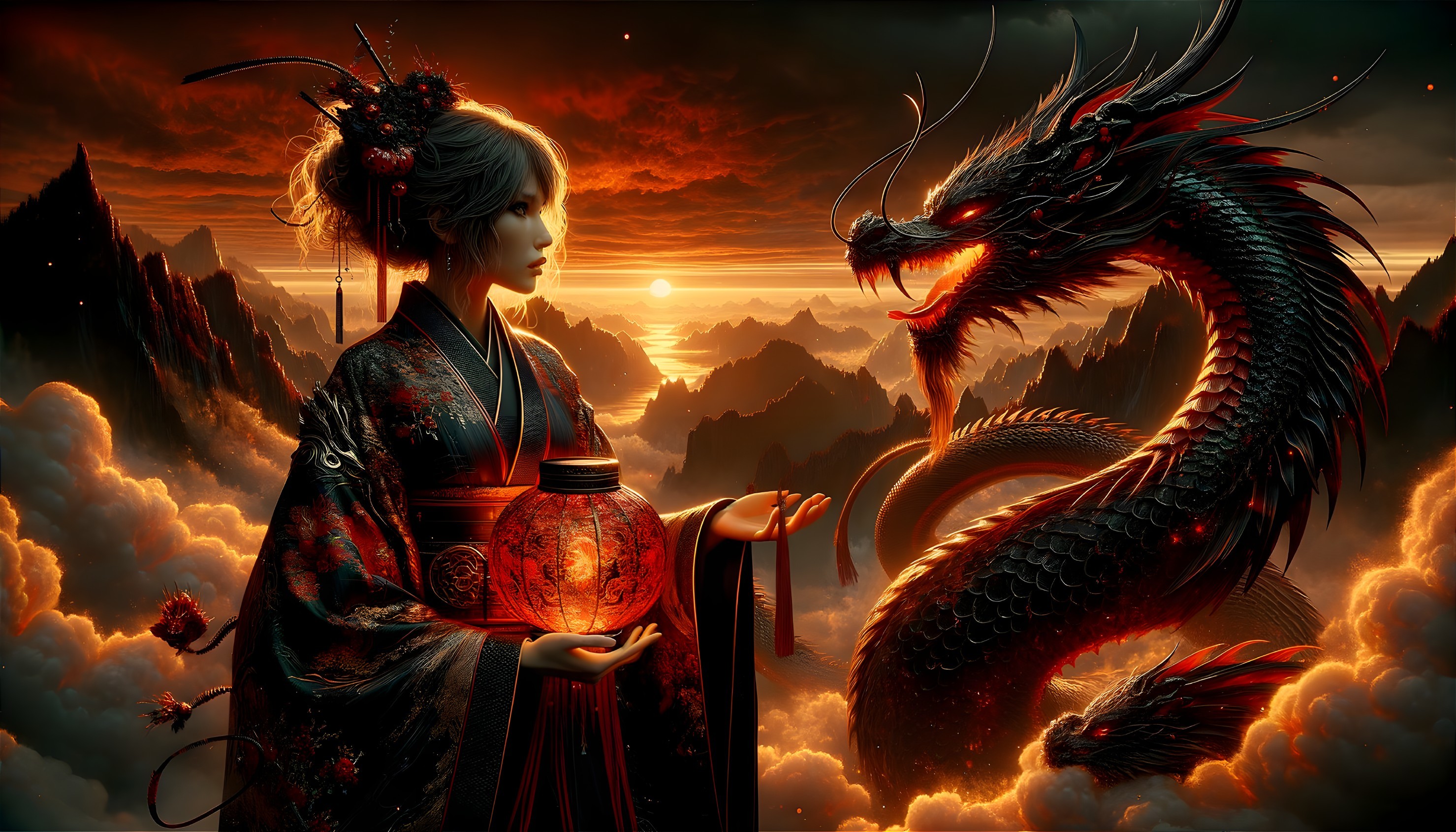 Traditional Attire Woman with Dragon in Sunset Scene