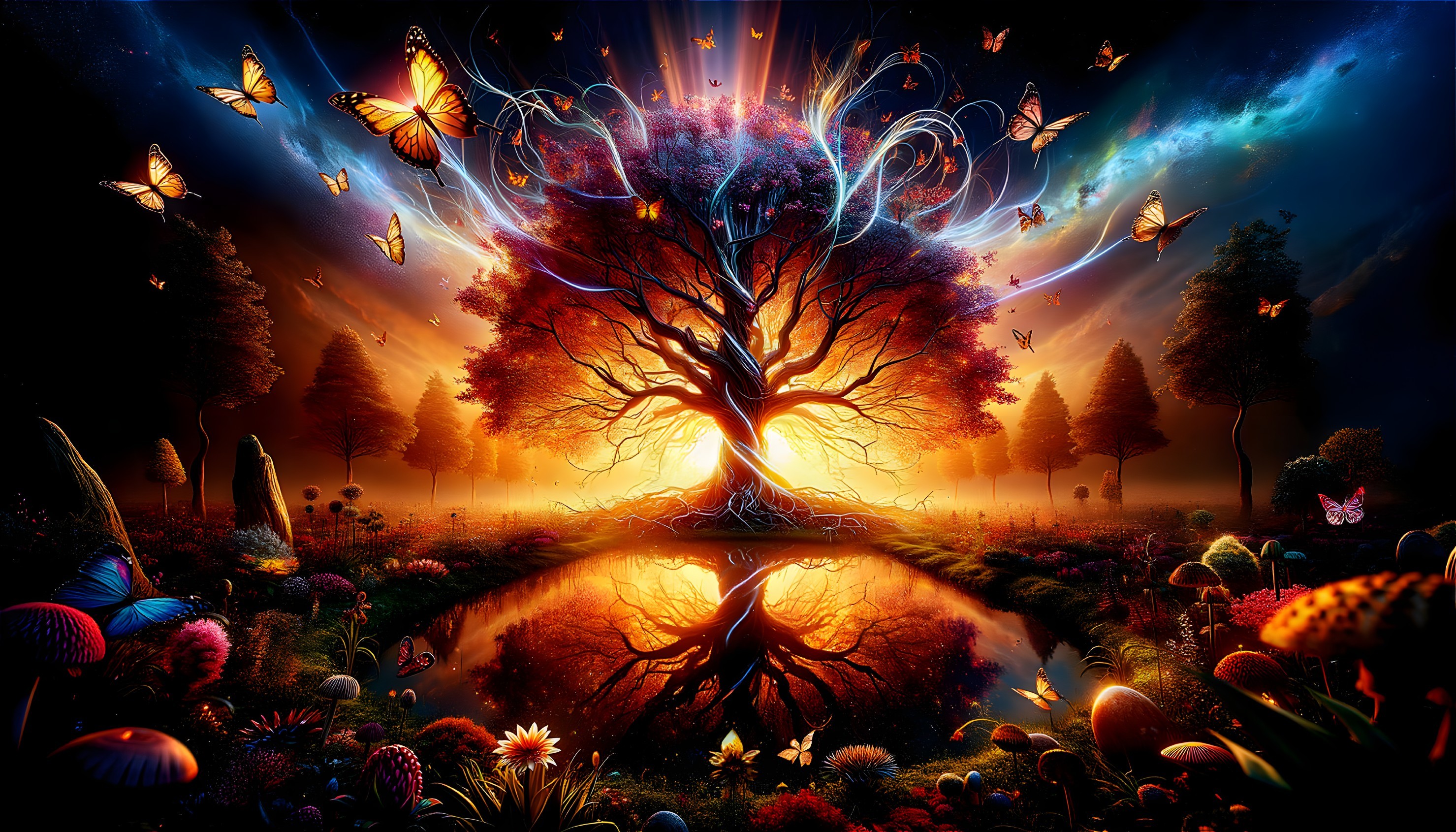 Majestic tree in vibrant landscape with ethereal light