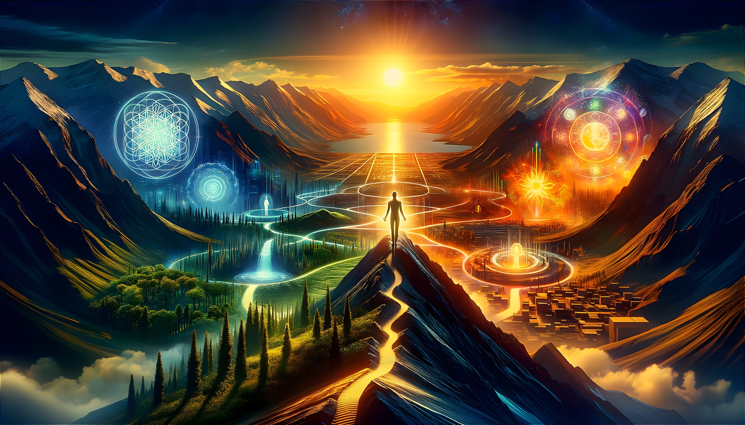 Solitary Figure in Futuristic Mountain Landscape