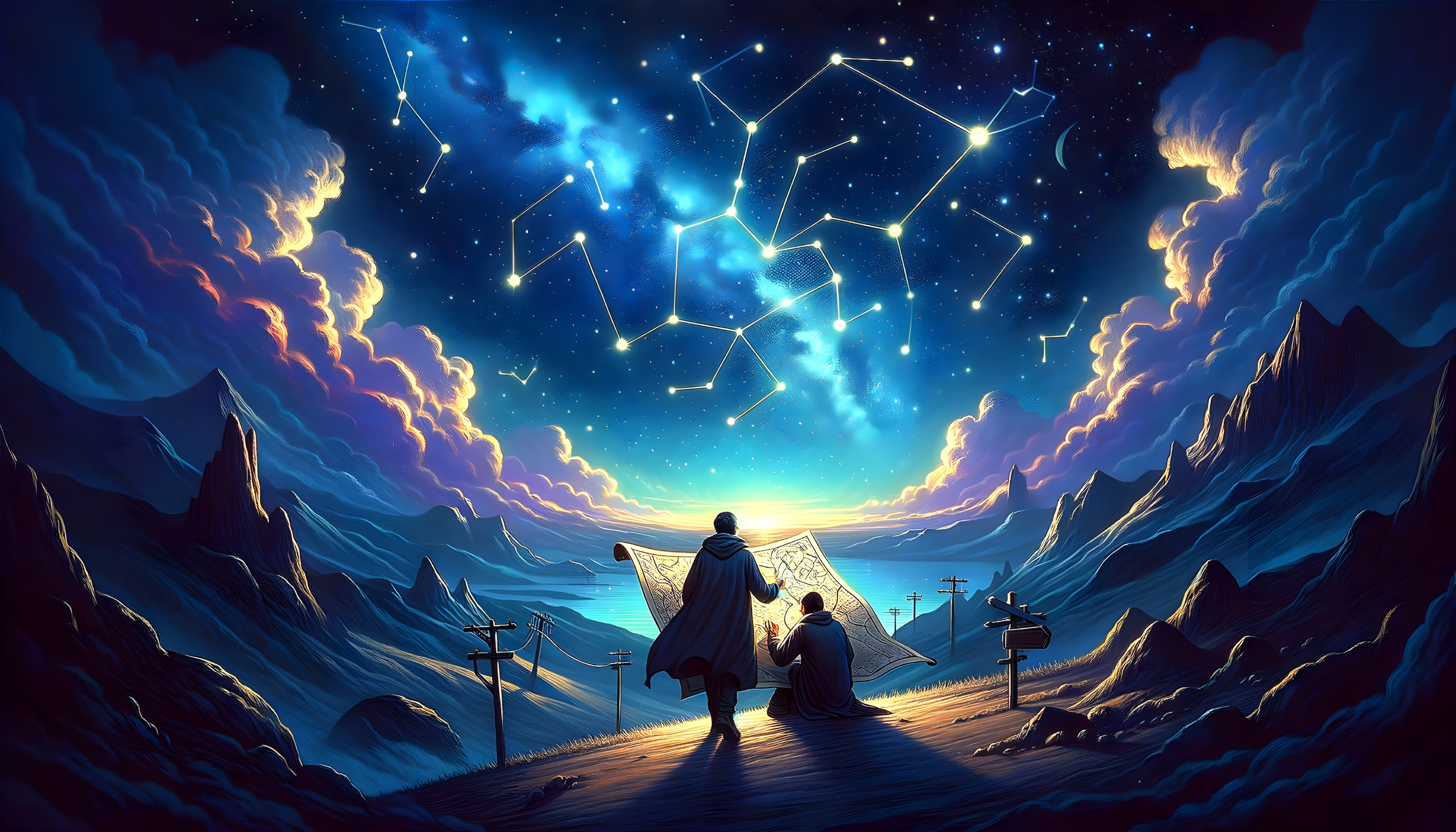 Couple admires starry sky at mountain path's end at dawn