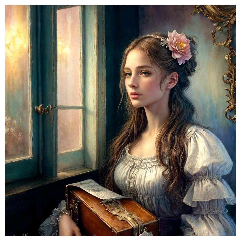Serene young woman reading by window with flower in hair