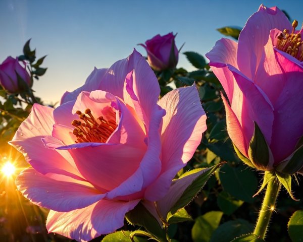 Vibrant Pink Roses in Sunlit Garden Setting