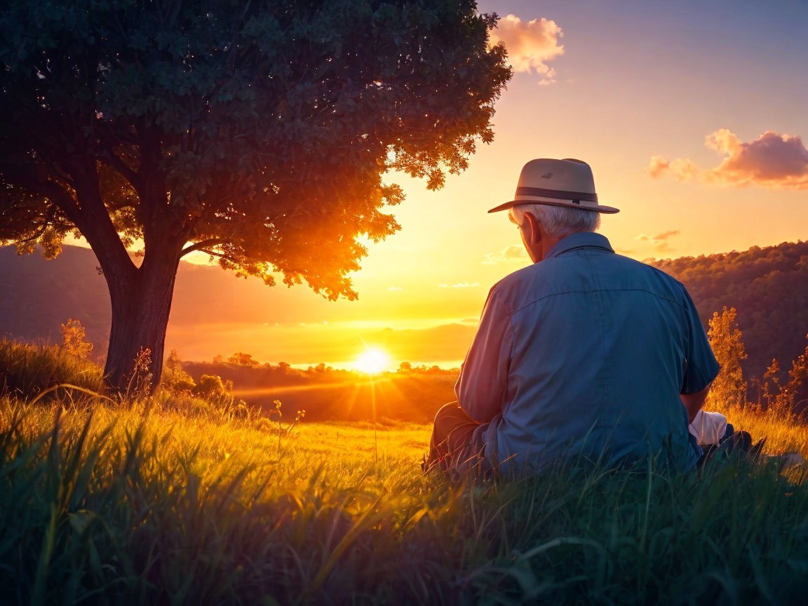 Serene Sunset Over Landscape with Elderly Man Relaxing