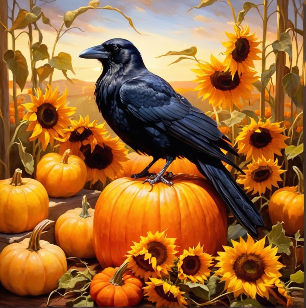 Black Raven on Pumpkin with Sunflowers at Sunset