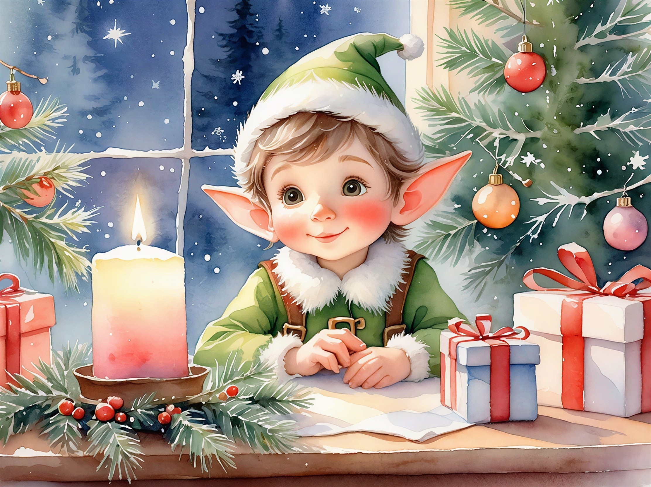 Watercolor Painting of a Christmas Elf at a Table