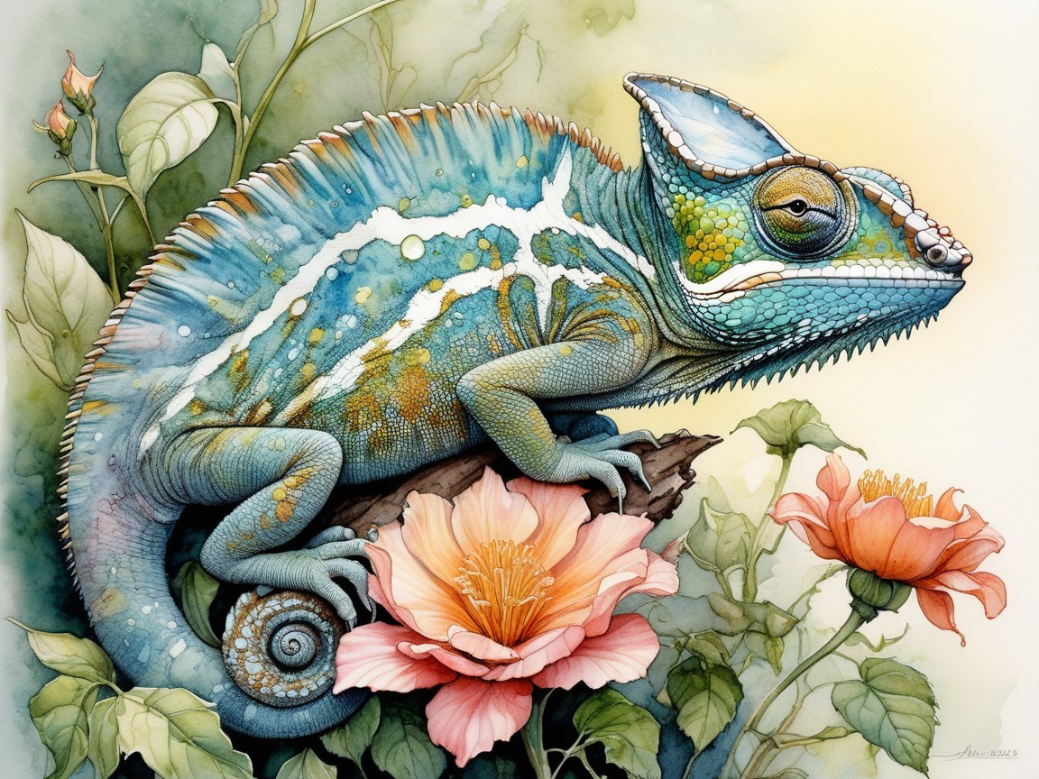 Chameleon on Branch Surrounded by Pink Flowers