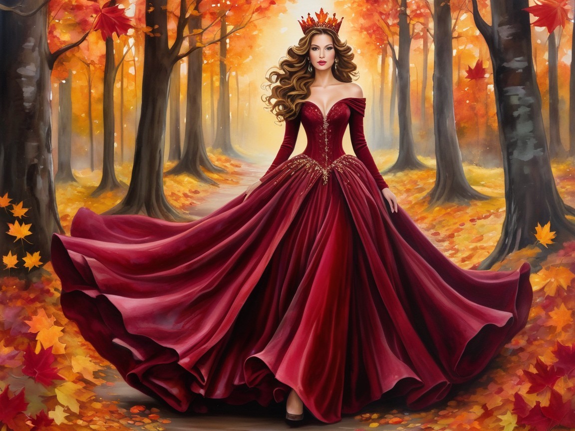 Regal figure in red gown amidst vibrant autumn forest
