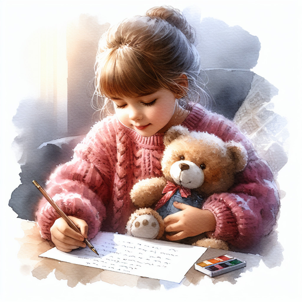 Young girl writing a letter with teddy bear and paints
