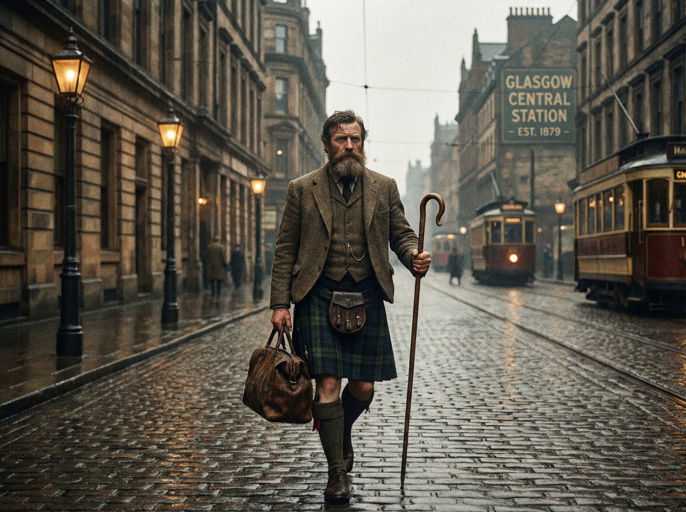 Irish man in tweed suit and kilt on cobblestone street
