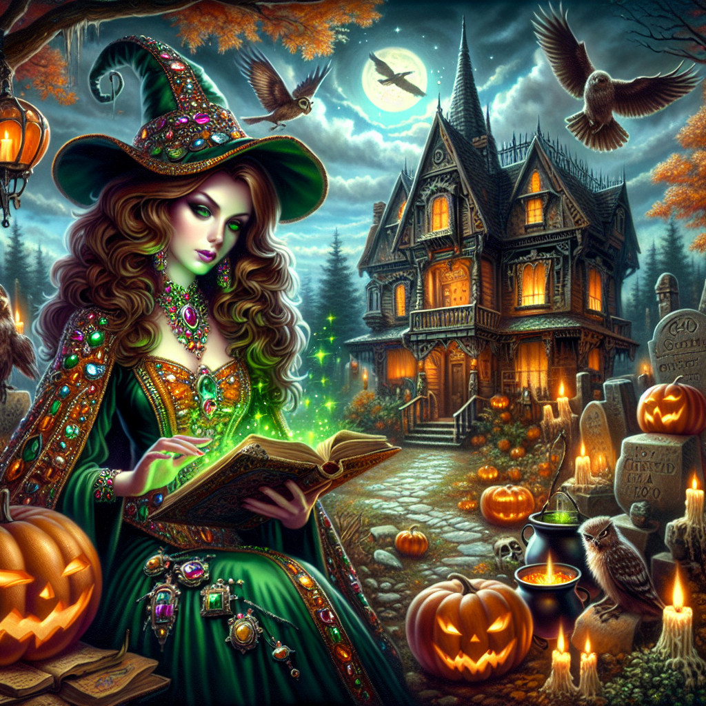 Witch in Green Gown Casting Spells at Twilight Scene